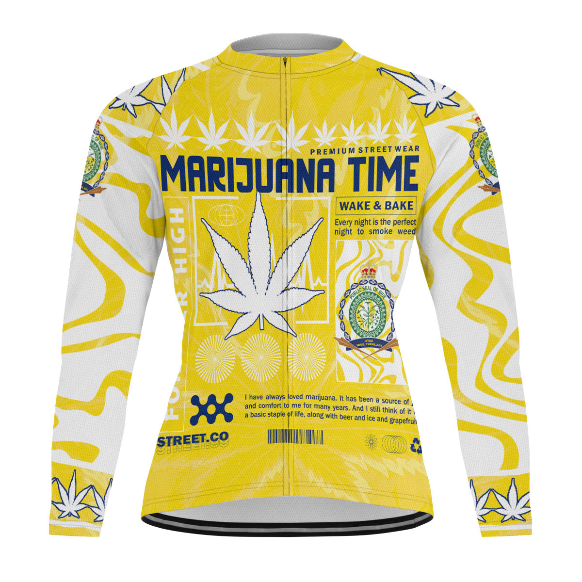 Niue Men's Cycling Jersey Long Sleeve Flag & Coat Of Arms Marijuanas Style