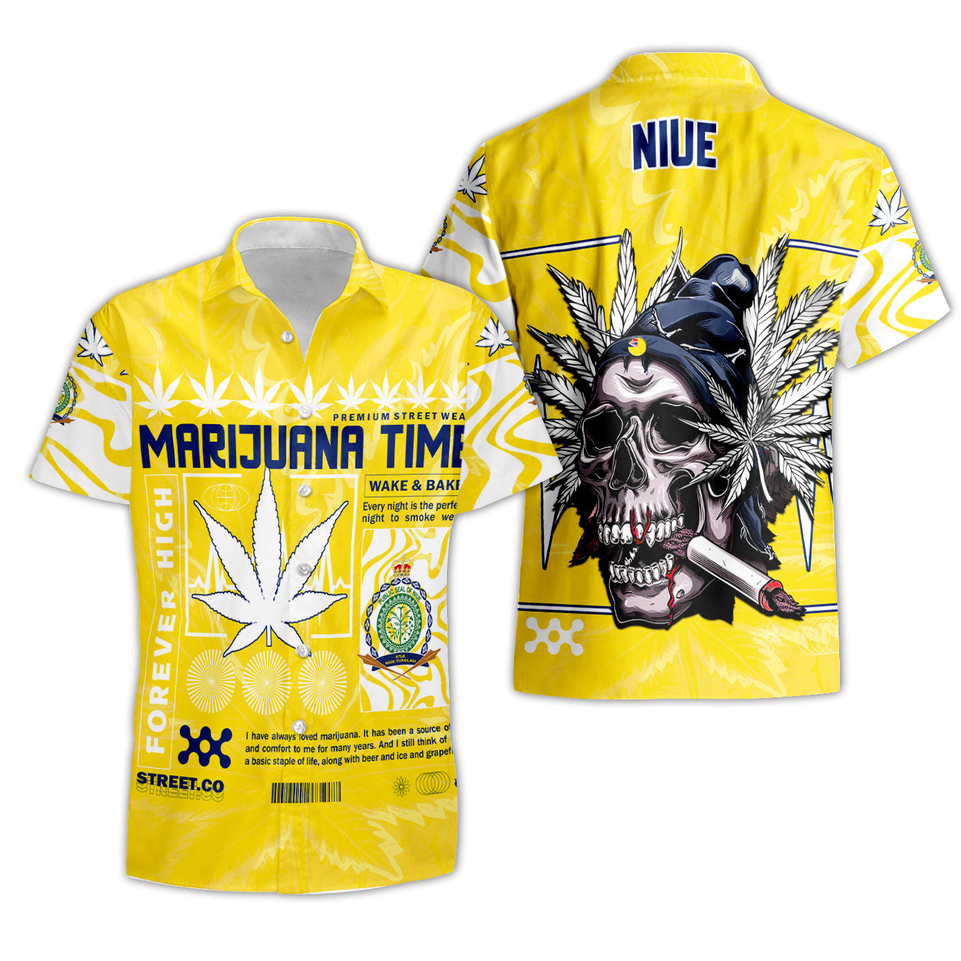 Niue Short Sleeve Shirt Flag & Coat Of Arms Marijuanas Style