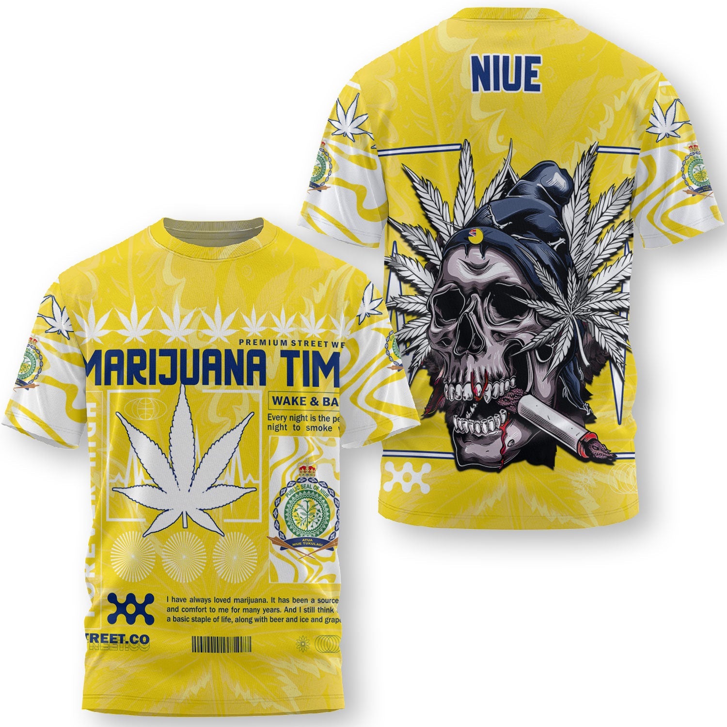 Niue T Shirt Flag & Coat Of Arms Marijuanas Style