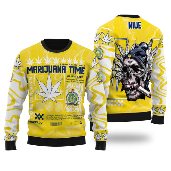 Niue Ugly Sweater Flag & Coat Of Arms Marijuanas Style