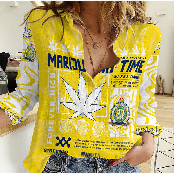 Niue Women Casual Shirt Flag & Coat Of Arms Marijuanas Style