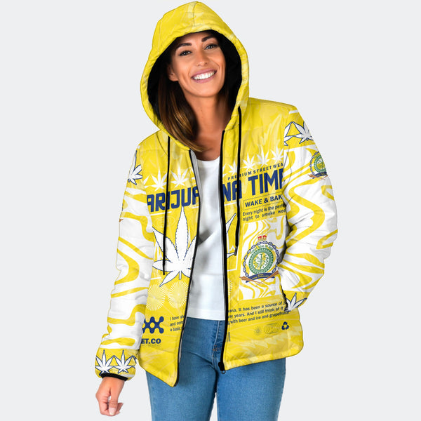 Niue Women Hooded Padded Jacket Flag & Coat Of Arms Marijuanas Style