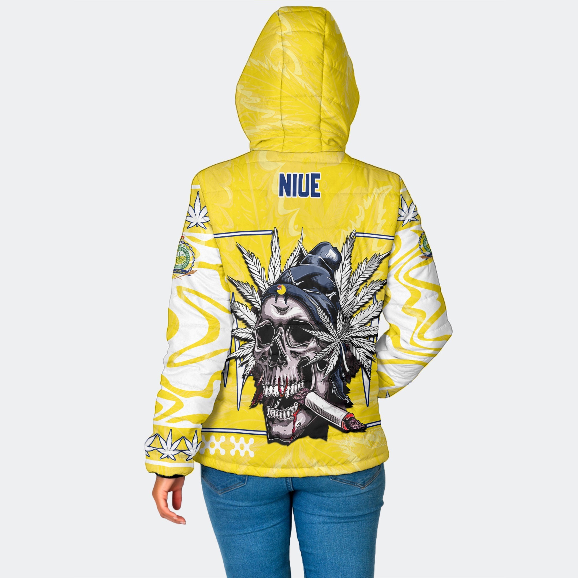 Niue Women Hooded Padded Jacket Flag & Coat Of Arms Marijuanas Style