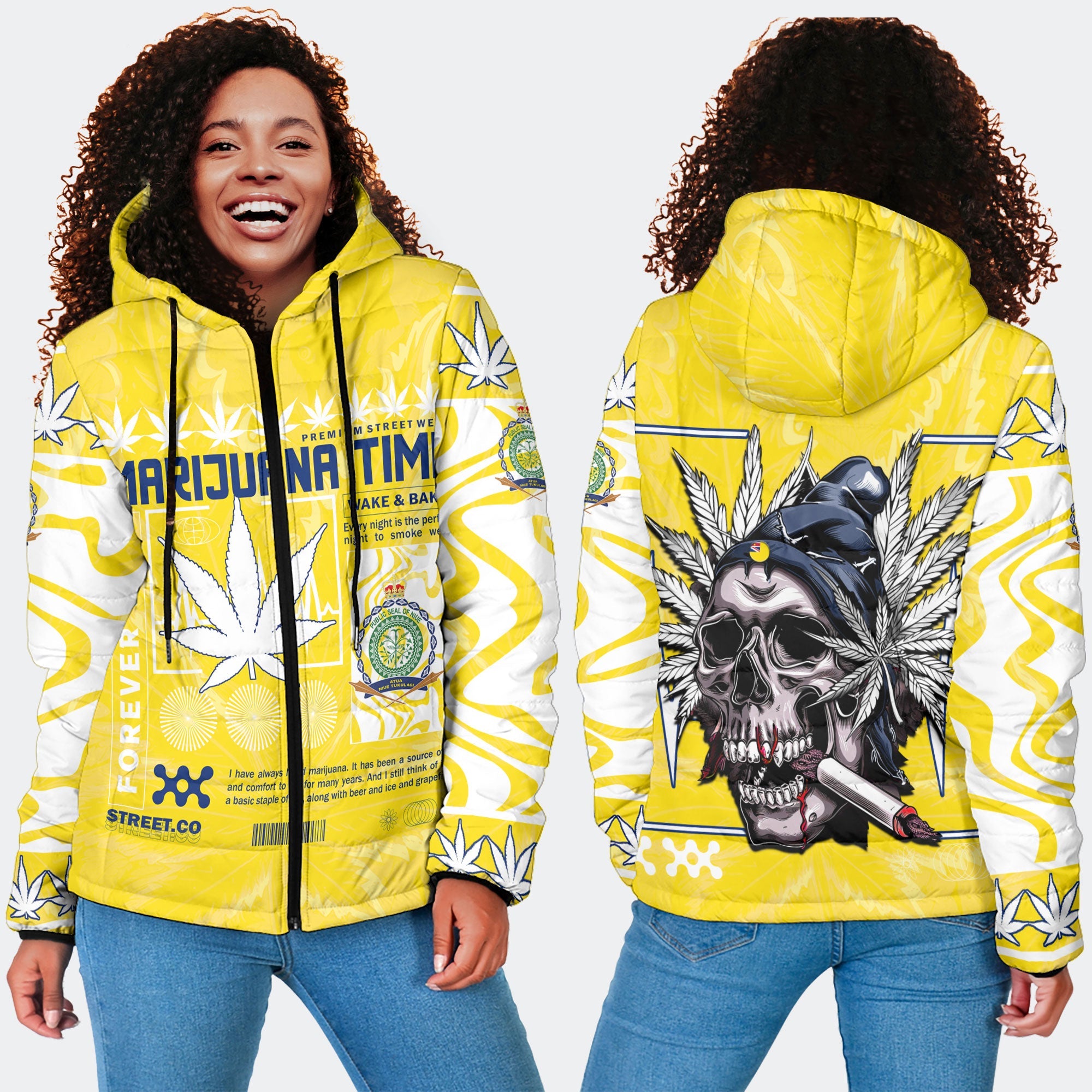 Niue Women Hooded Padded Jacket Flag & Coat Of Arms Marijuanas Style