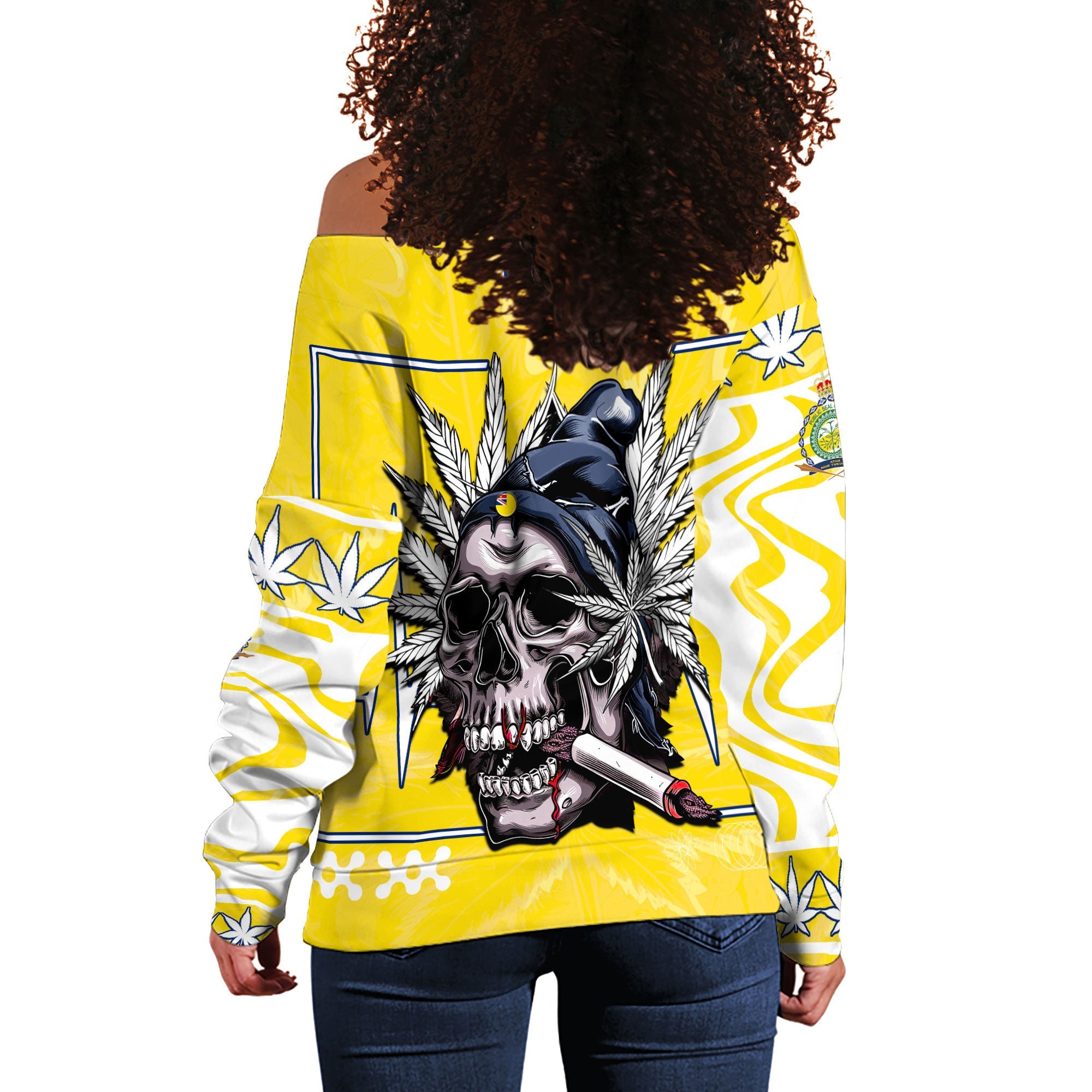 Niue Women Off Shoulder Sweatshirt Flag & Coat Of Arms Marijuanas Style