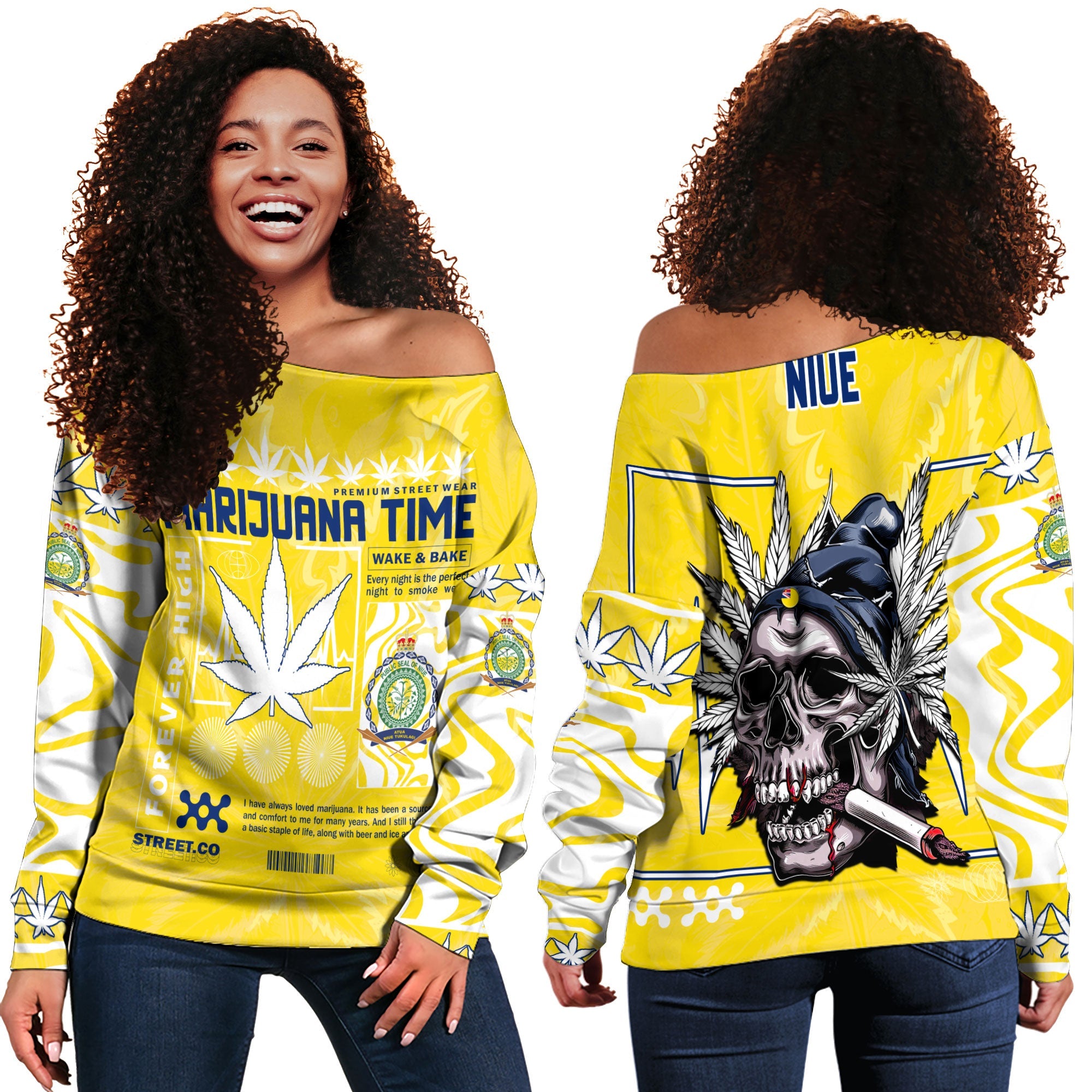 Niue Women Off Shoulder Sweatshirt Flag & Coat Of Arms Marijuanas Style