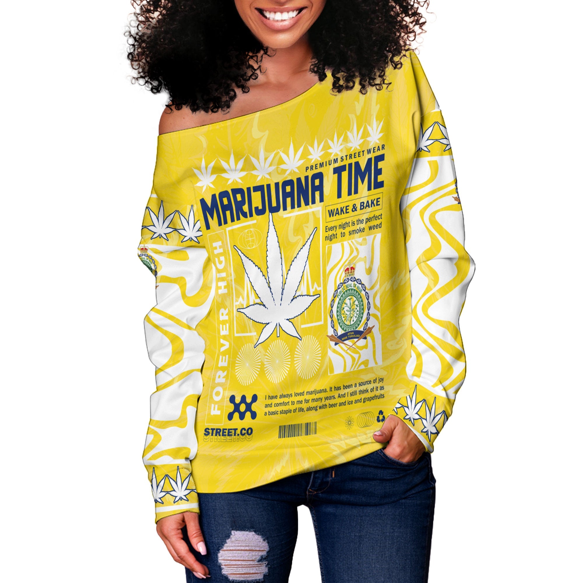 Niue Women Off Shoulder Sweatshirt Flag & Coat Of Arms Marijuanas Style