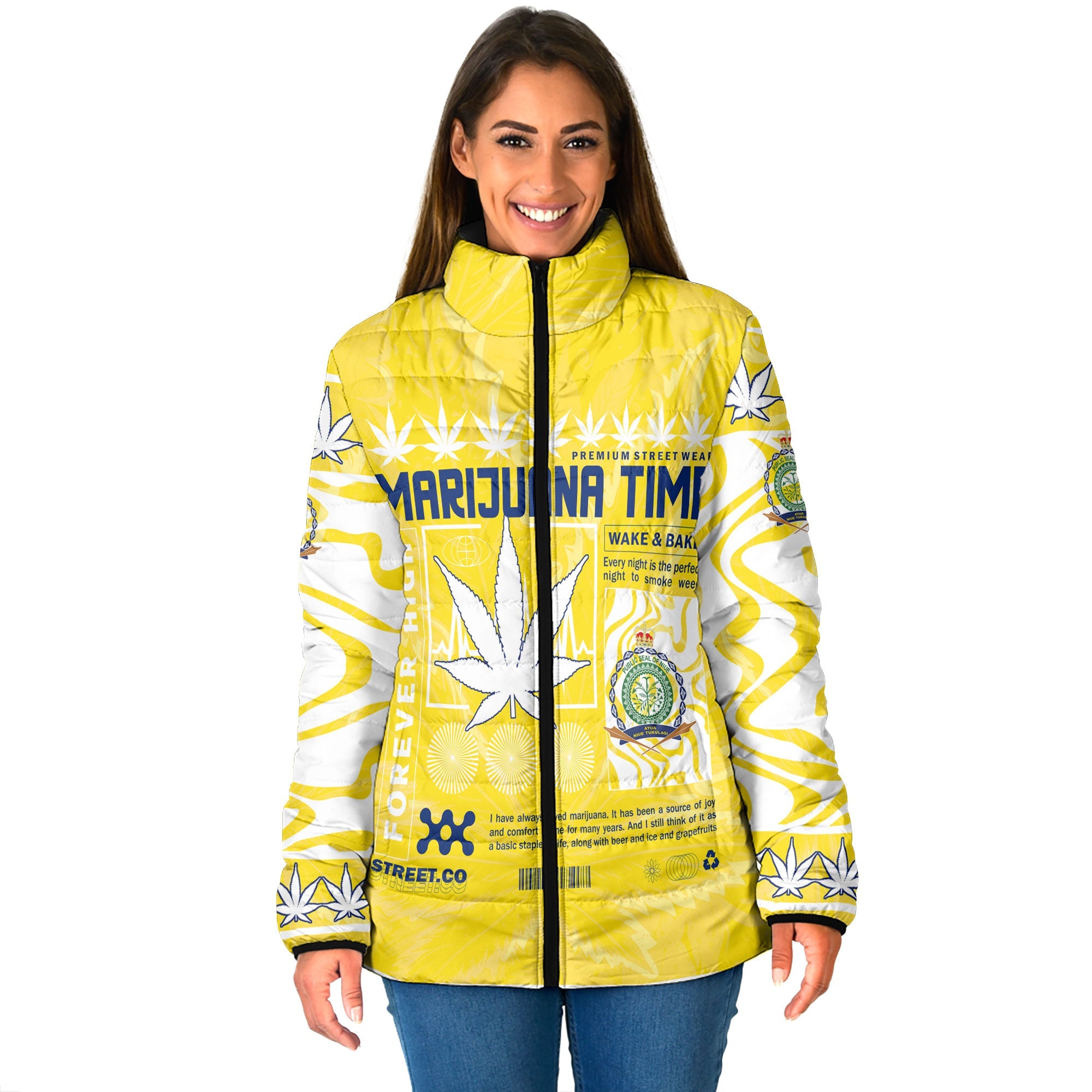 Niue Women Padded Jacket Flag & Coat Of Arms Marijuanas Style