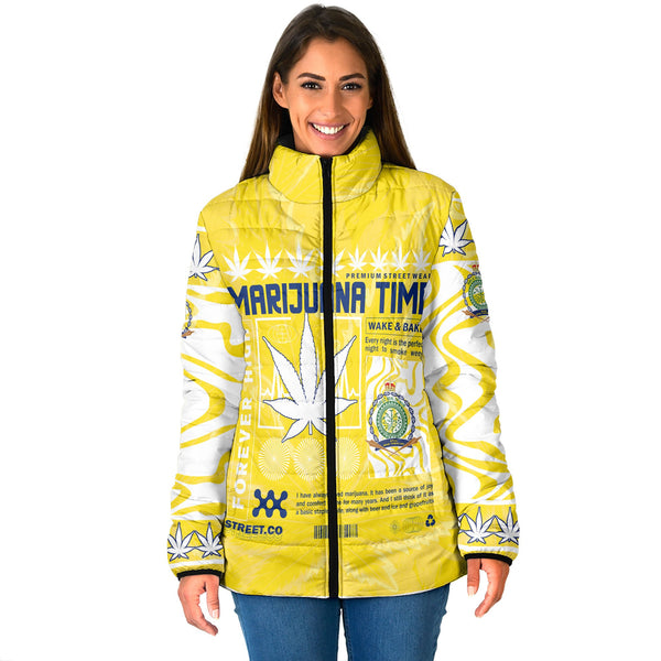 Niue Women Padded Jacket Flag & Coat Of Arms Marijuanas Style