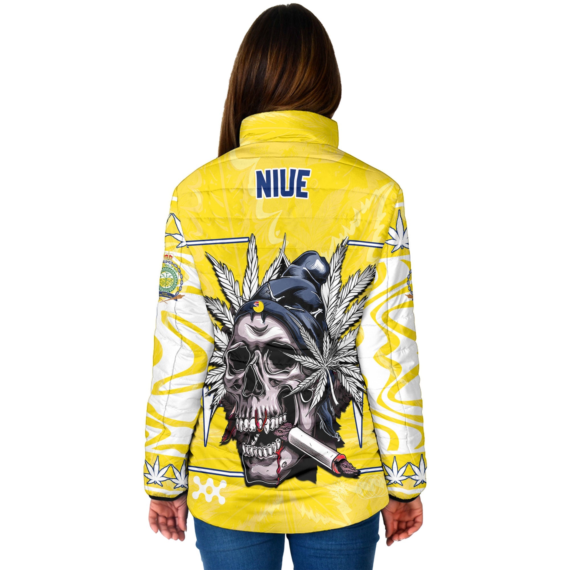 Niue Women Padded Jacket Flag & Coat Of Arms Marijuanas Style