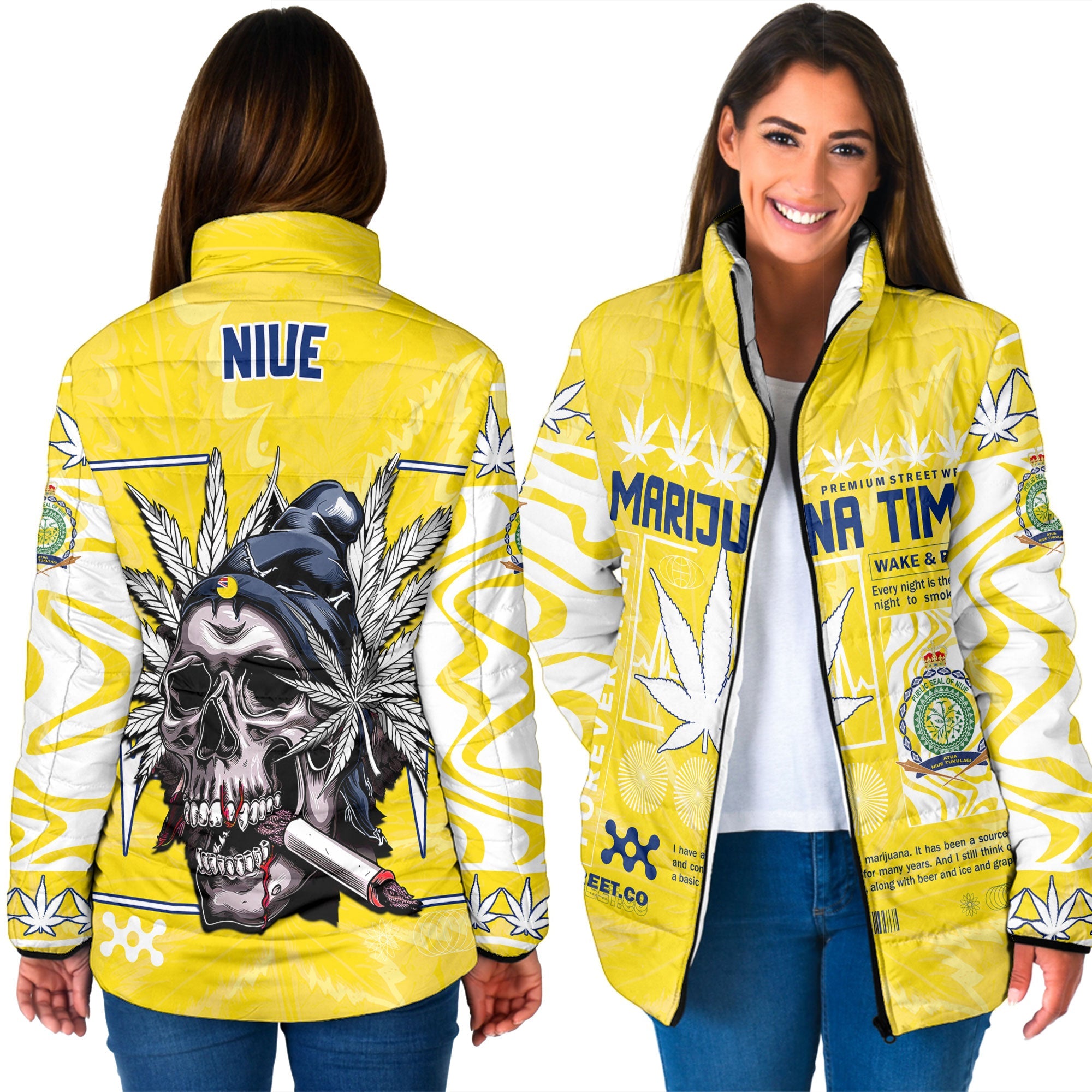 Niue Women Padded Jacket Flag & Coat Of Arms Marijuanas Style