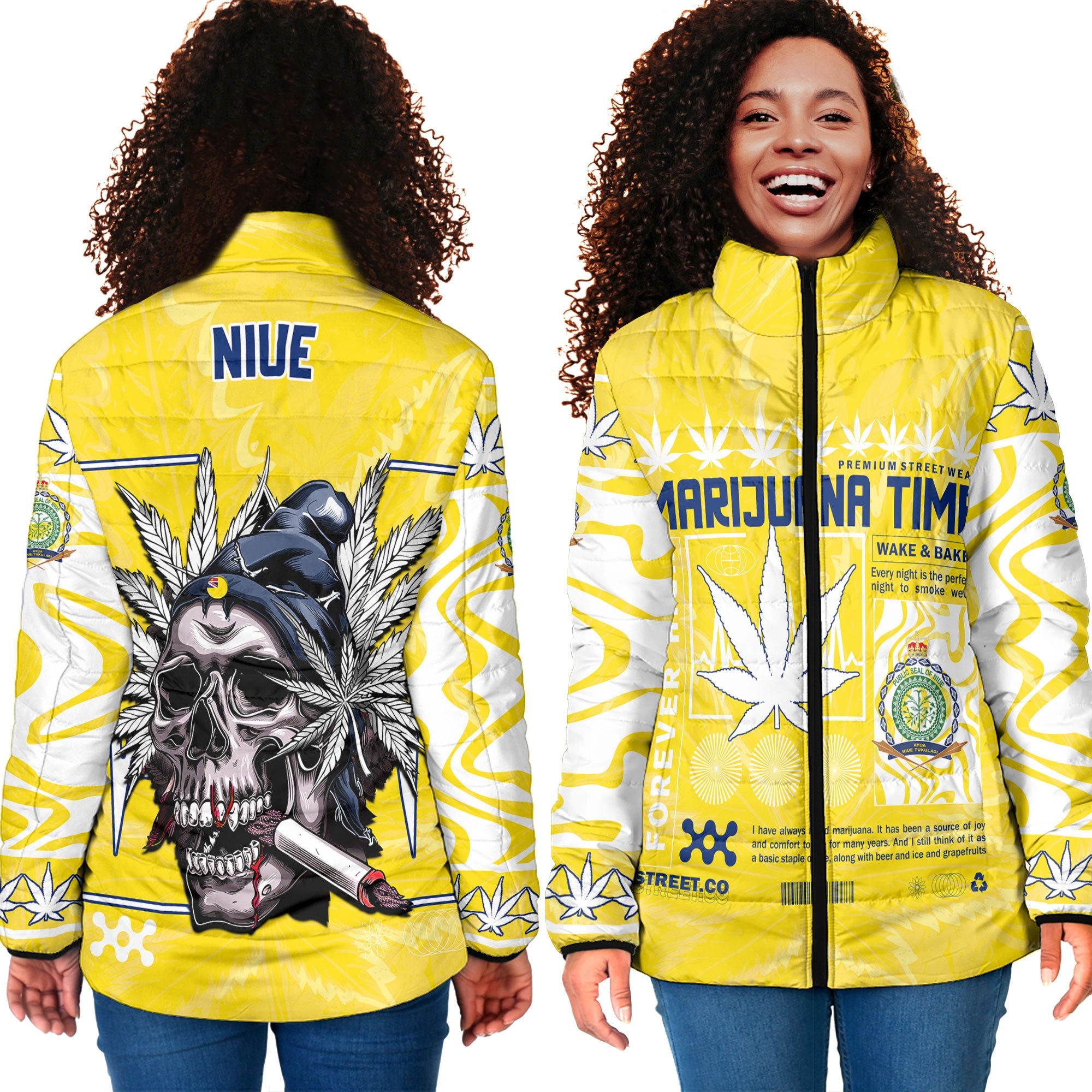 Niue Women Padded Jacket Flag & Coat Of Arms Marijuanas Style