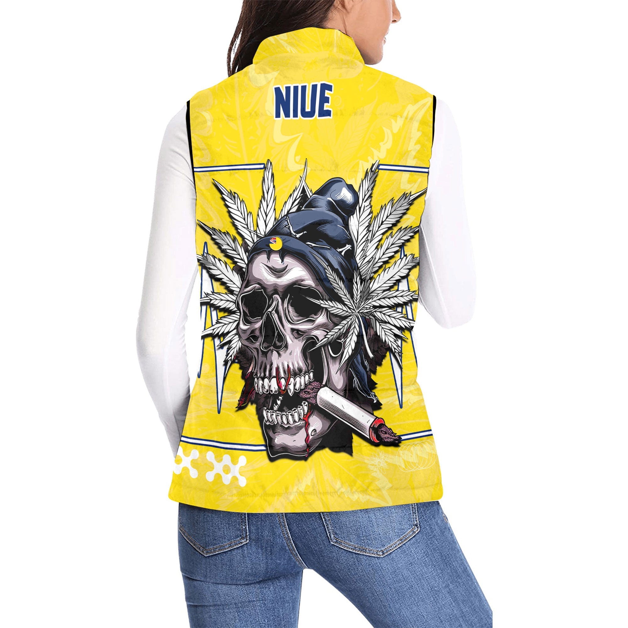 Niue Women Padded Jacket Vest Flag & Coat Of Arms Marijuanas Style