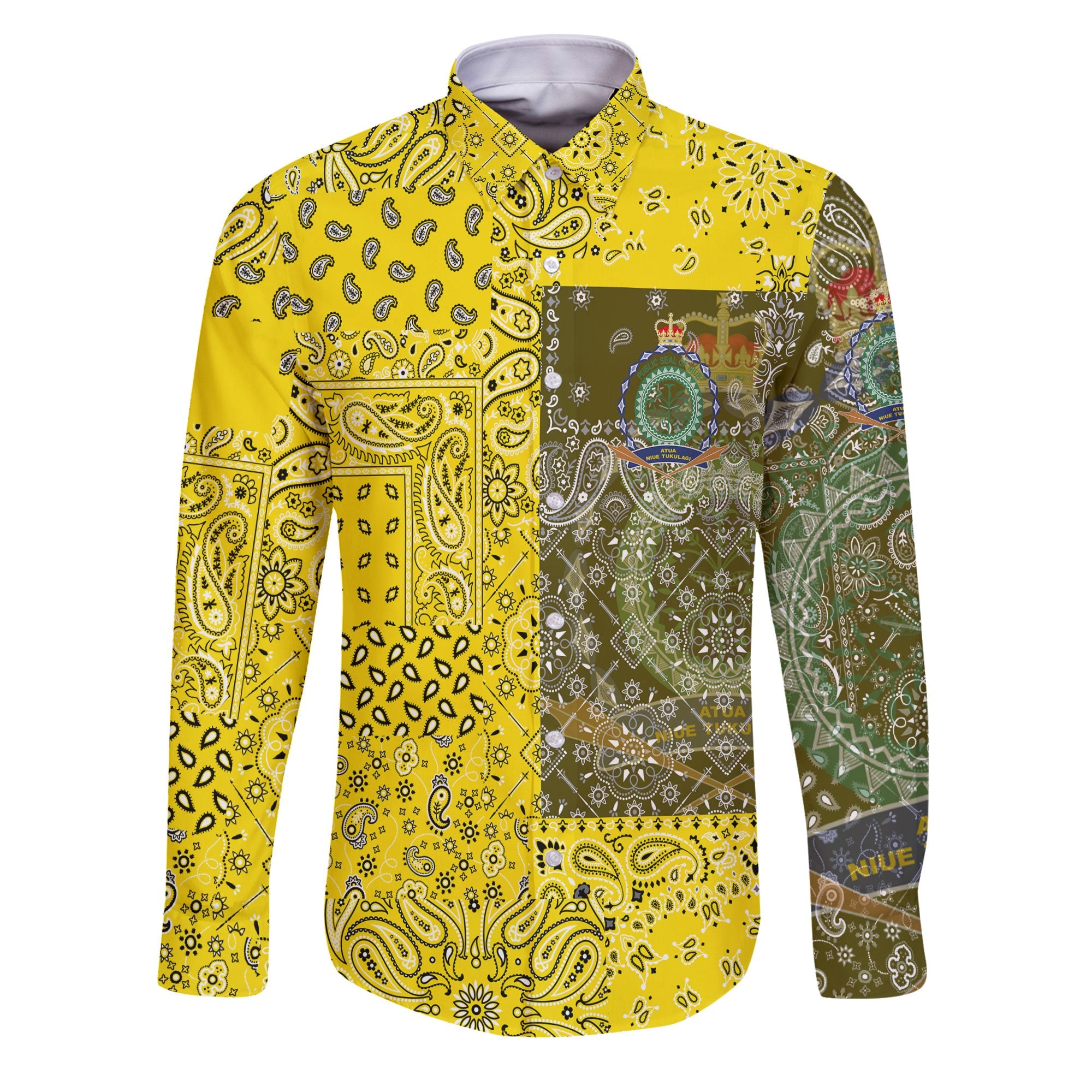 Niue Long Sleeve Button Shirt Paisley Flag And Skull Style 1