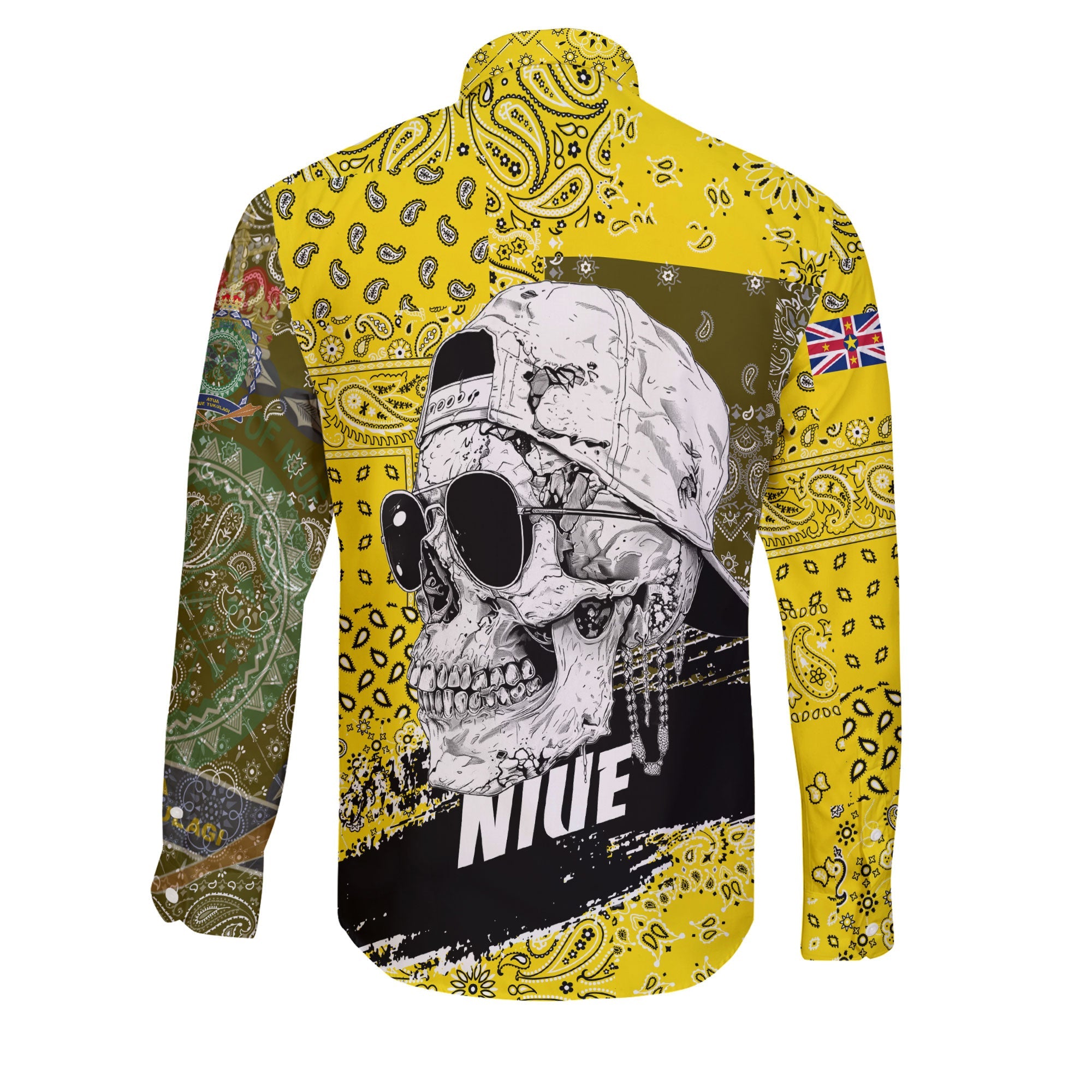 Niue Long Sleeve Button Shirt Paisley Flag And Skull Style 2