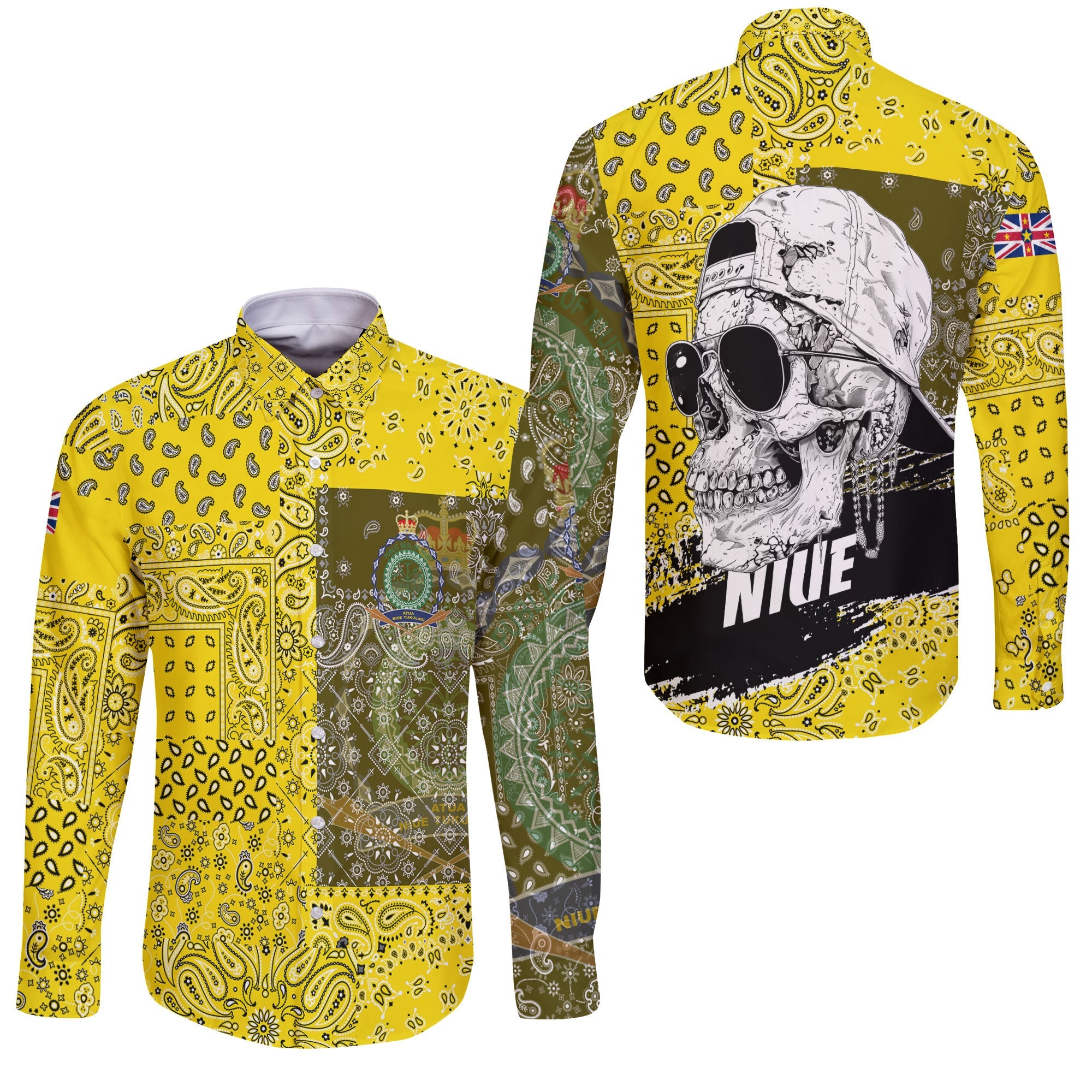 Niue Long Sleeve Button Shirt Paisley Flag And Skull Style 3