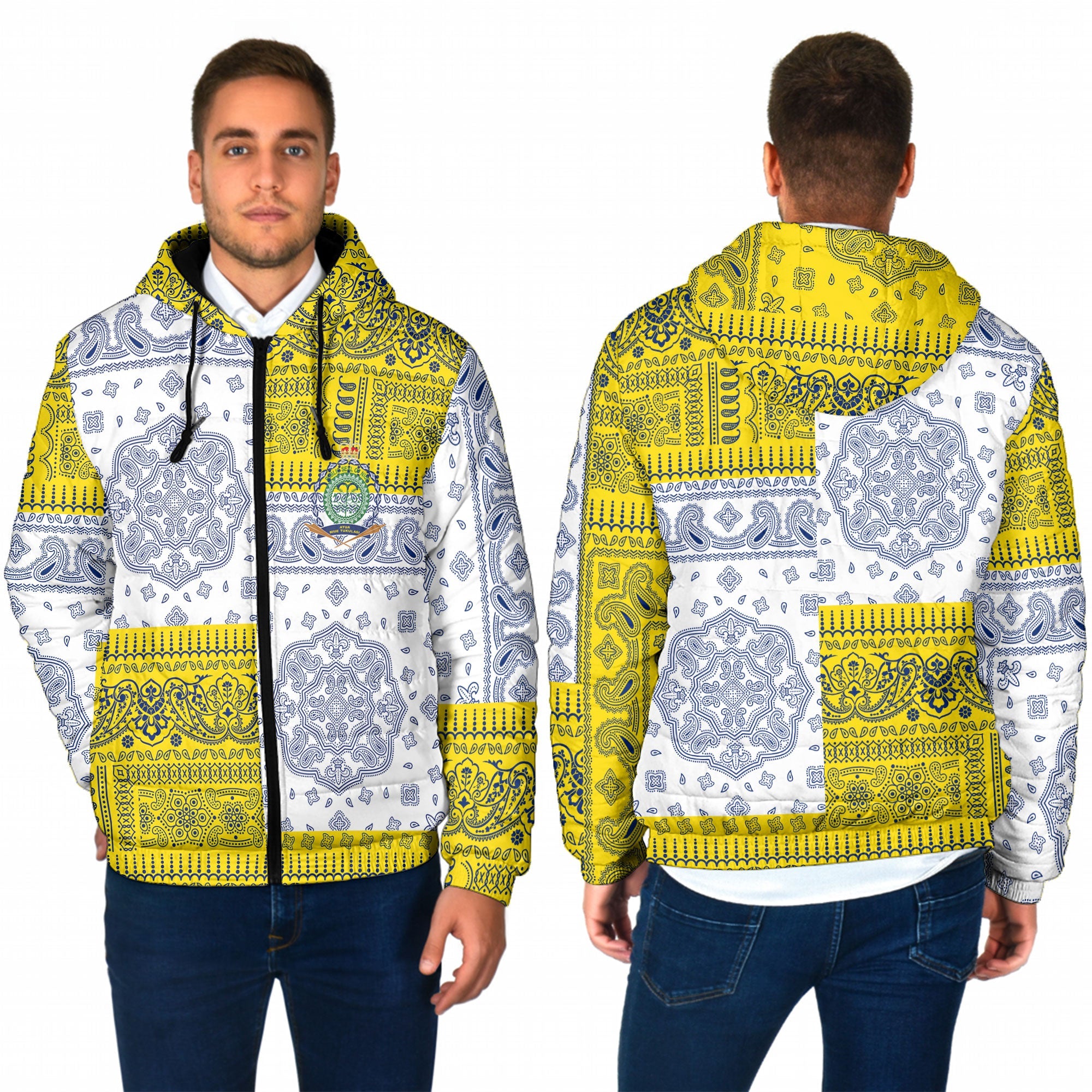 Niue Men Hooded Padded Jacket Flag And Paisley Basic Style 1