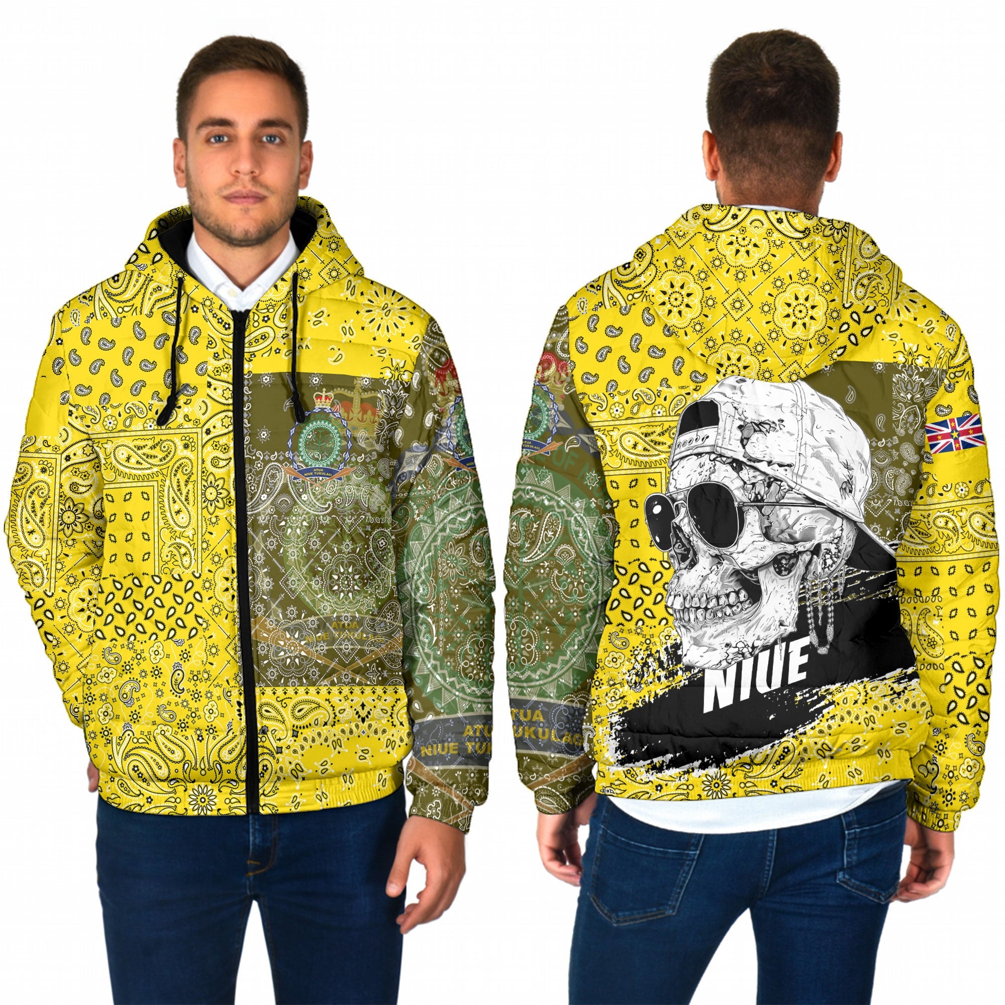 Niue Men Hooded Padded Jacket Paisley Flag And Skull Style 1