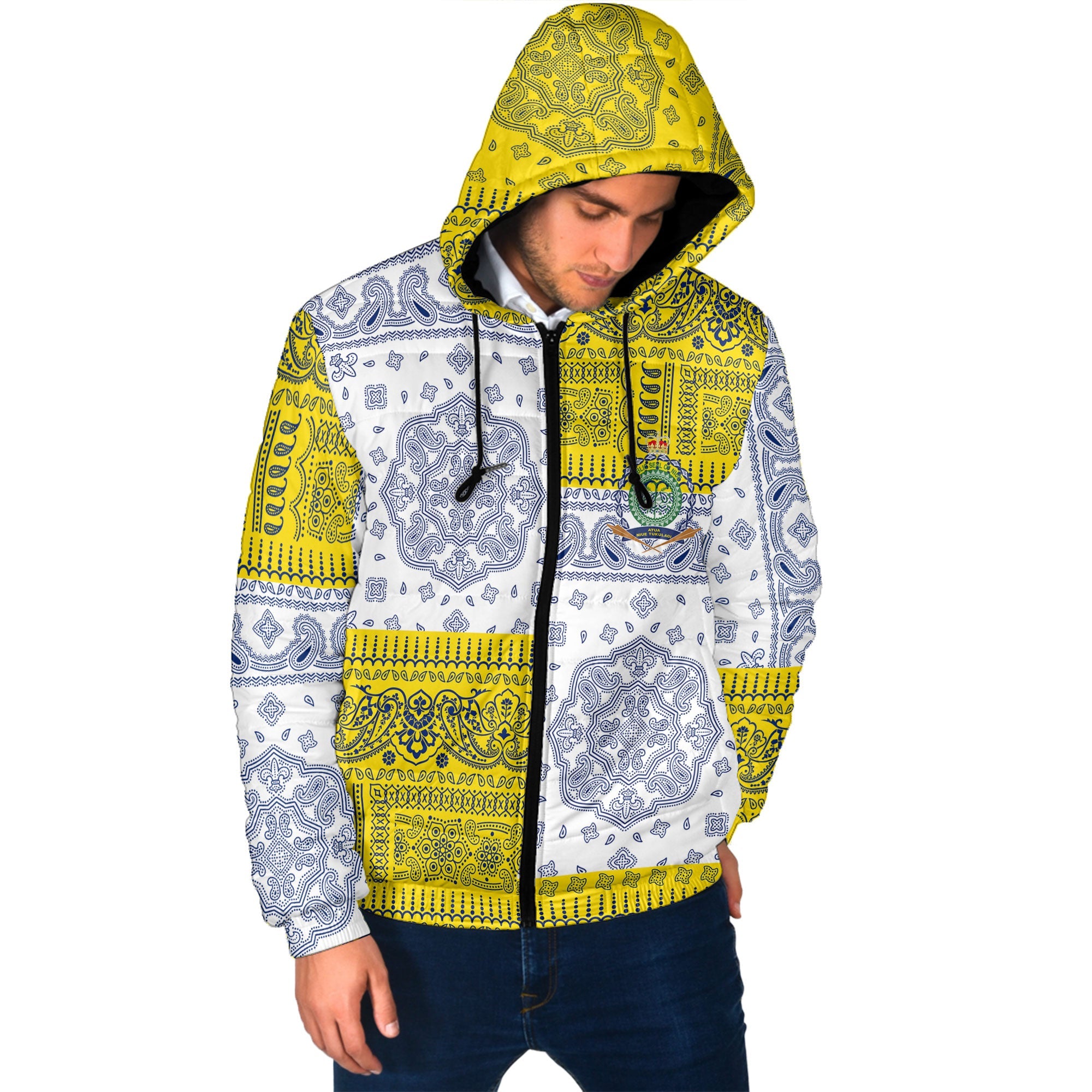 Niue Men Hooded Padded Jacket Flag And Paisley Basic Style 2