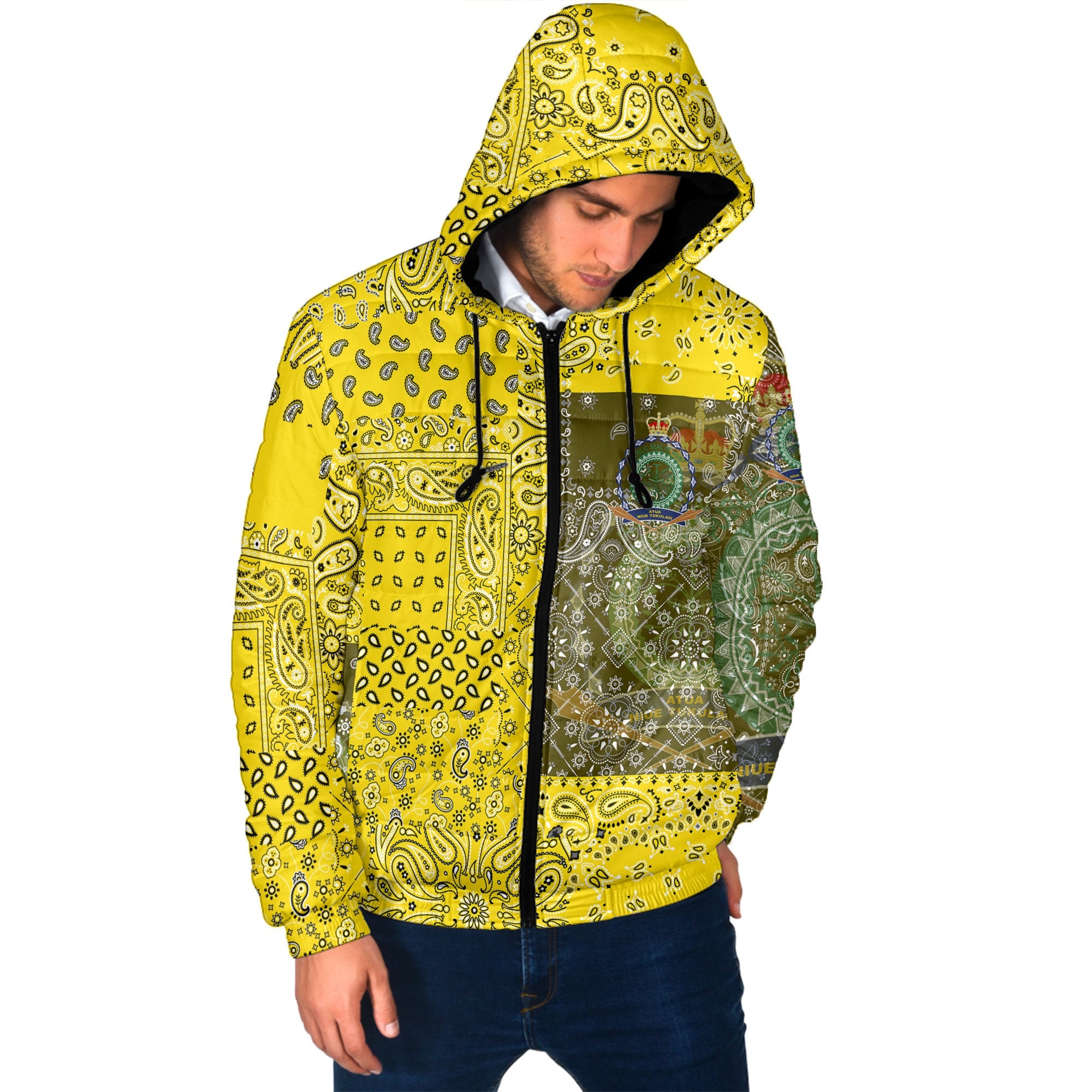 Niue Men Hooded Padded Jacket Paisley Flag And Skull Style 2