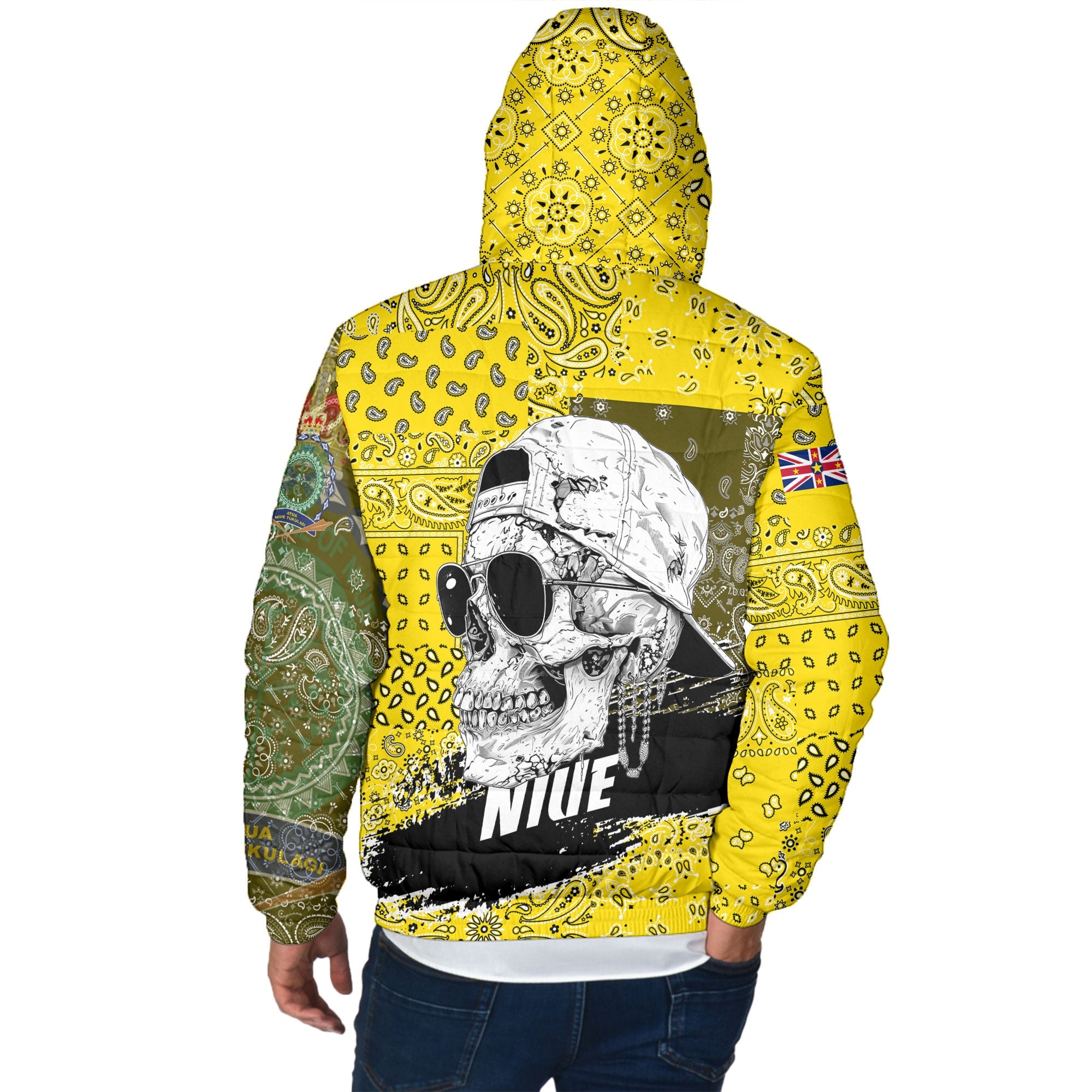 Niue Men Hooded Padded Jacket Paisley Flag And Skull Style 3