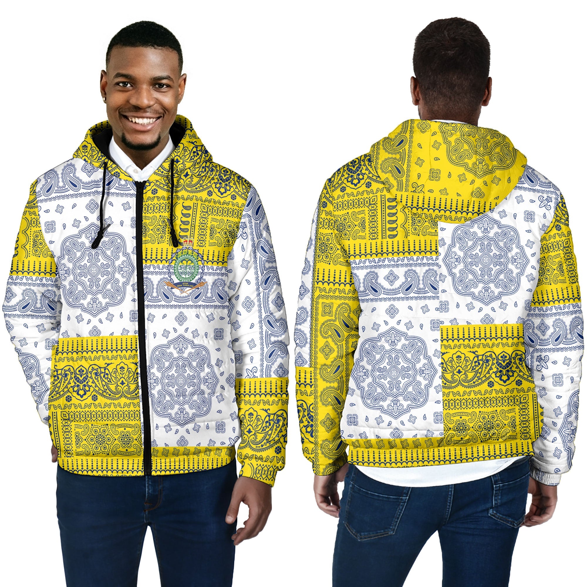 Niue Men Hooded Padded Jacket Flag And Paisley Basic Style 4