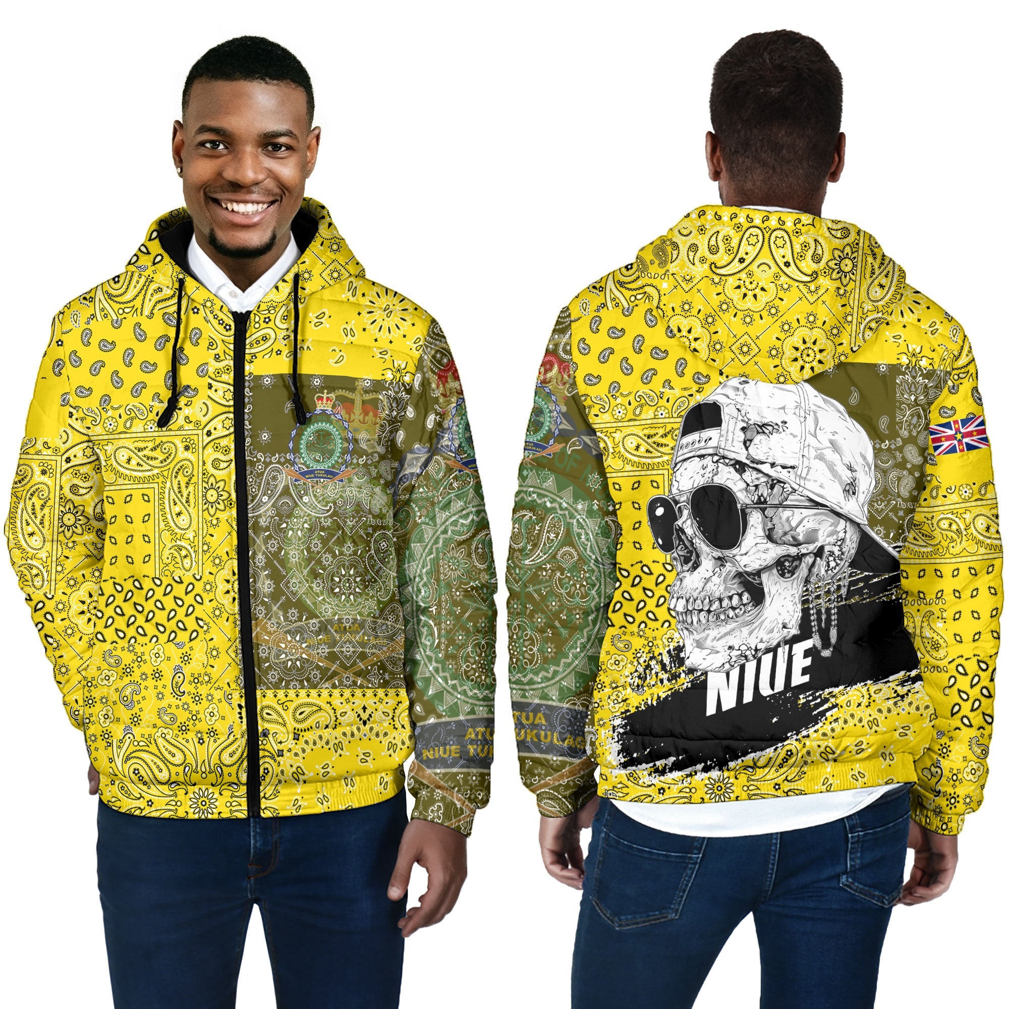 Niue Men Hooded Padded Jacket Paisley Flag And Skull Style 4