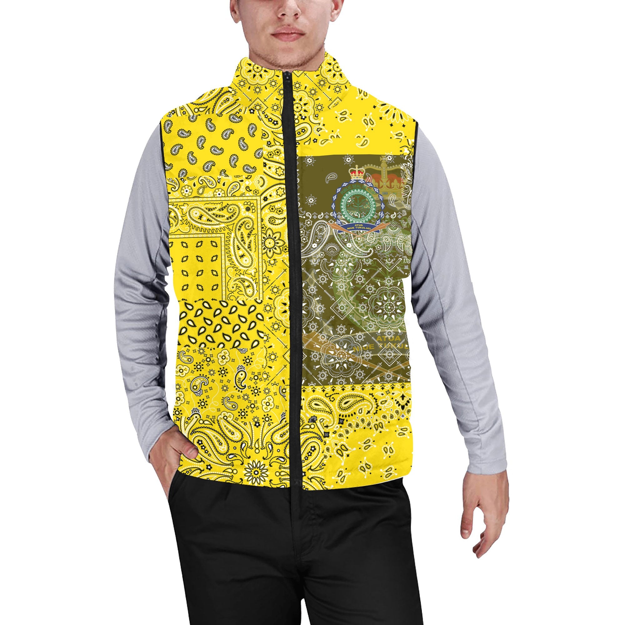 Niue Men Padded Jacket Vest Paisley Flag And Skull Style 1