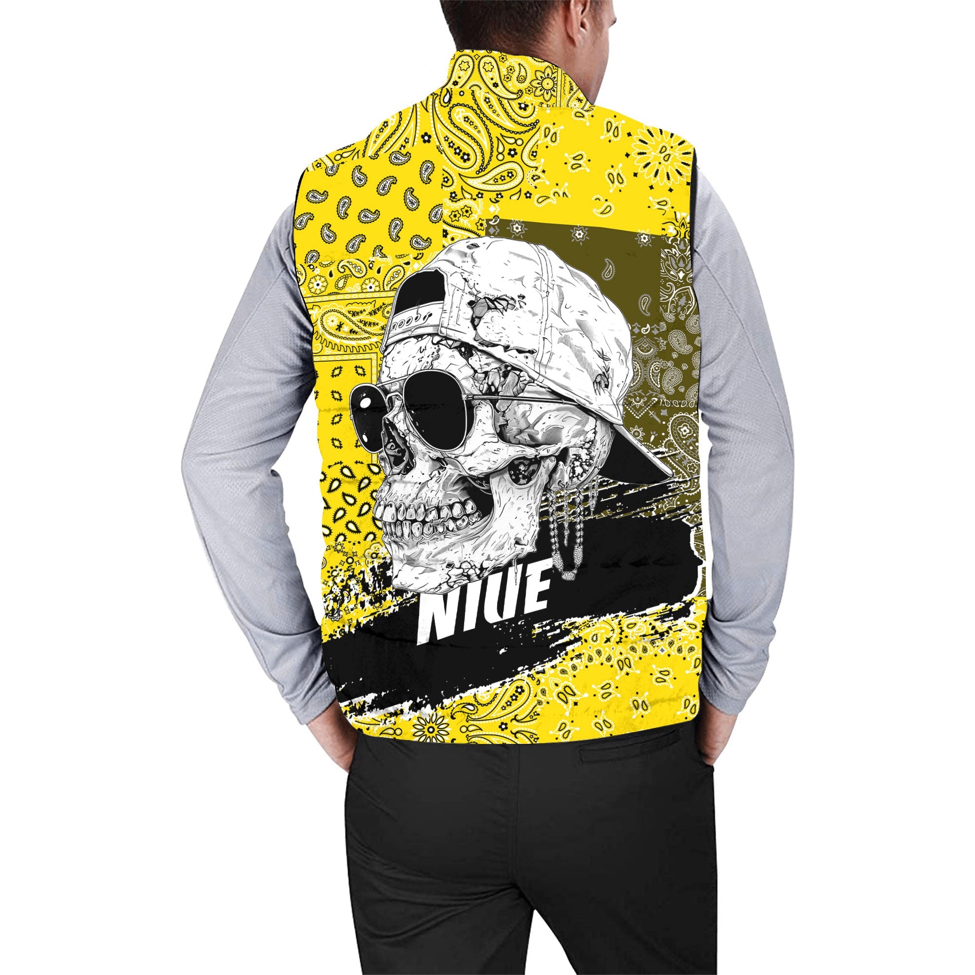 Niue Men Padded Jacket Vest Paisley Flag And Skull Style 2