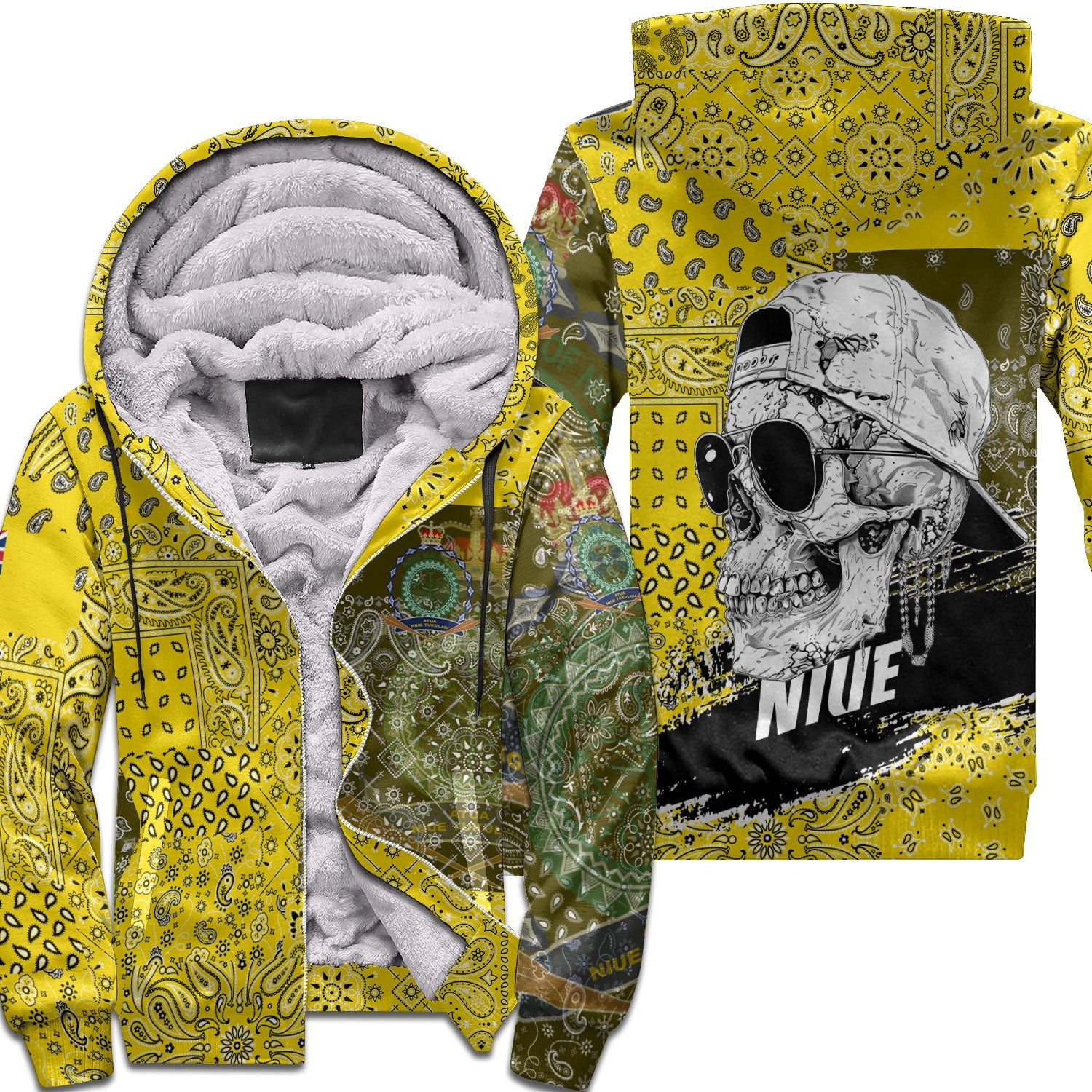 Niue Sherpa Hoodie Paisley Flag And Skull Style 1