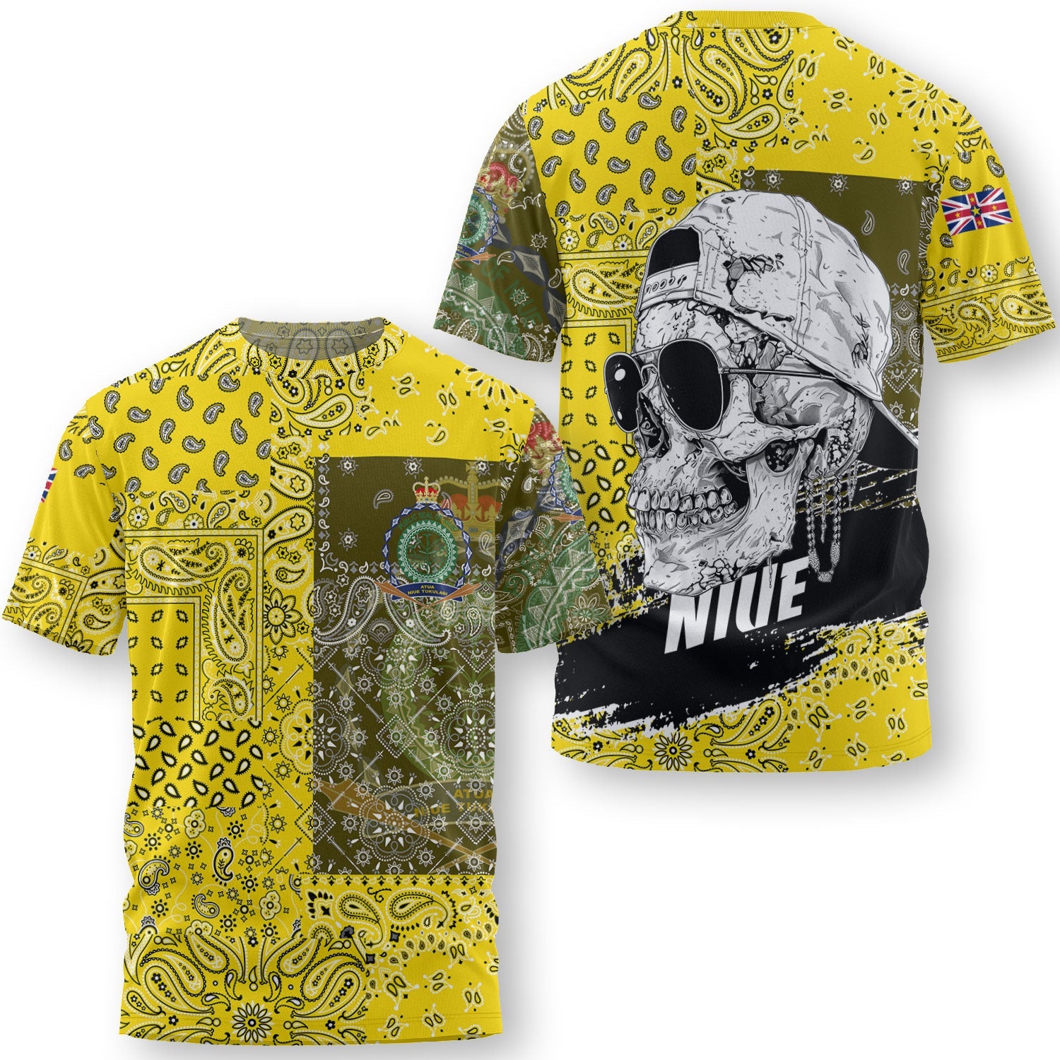 Niue T Shirt Paisley Flag And Skull Style 3