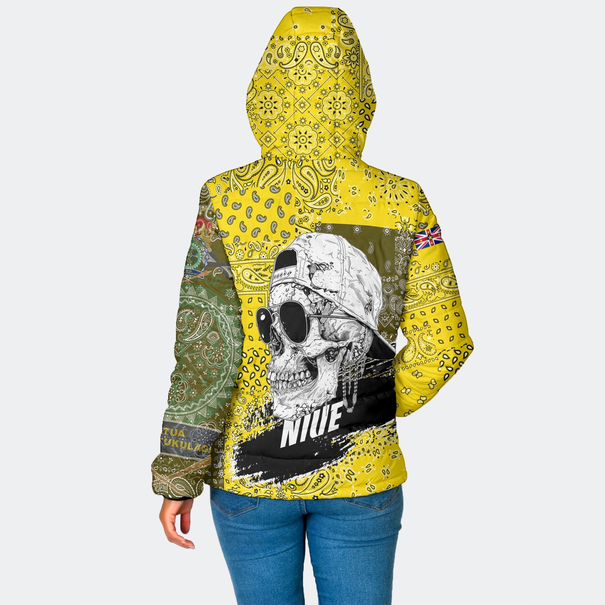 Niue Women Hooded Padded Jacket Paisley Flag And Skull Style 5