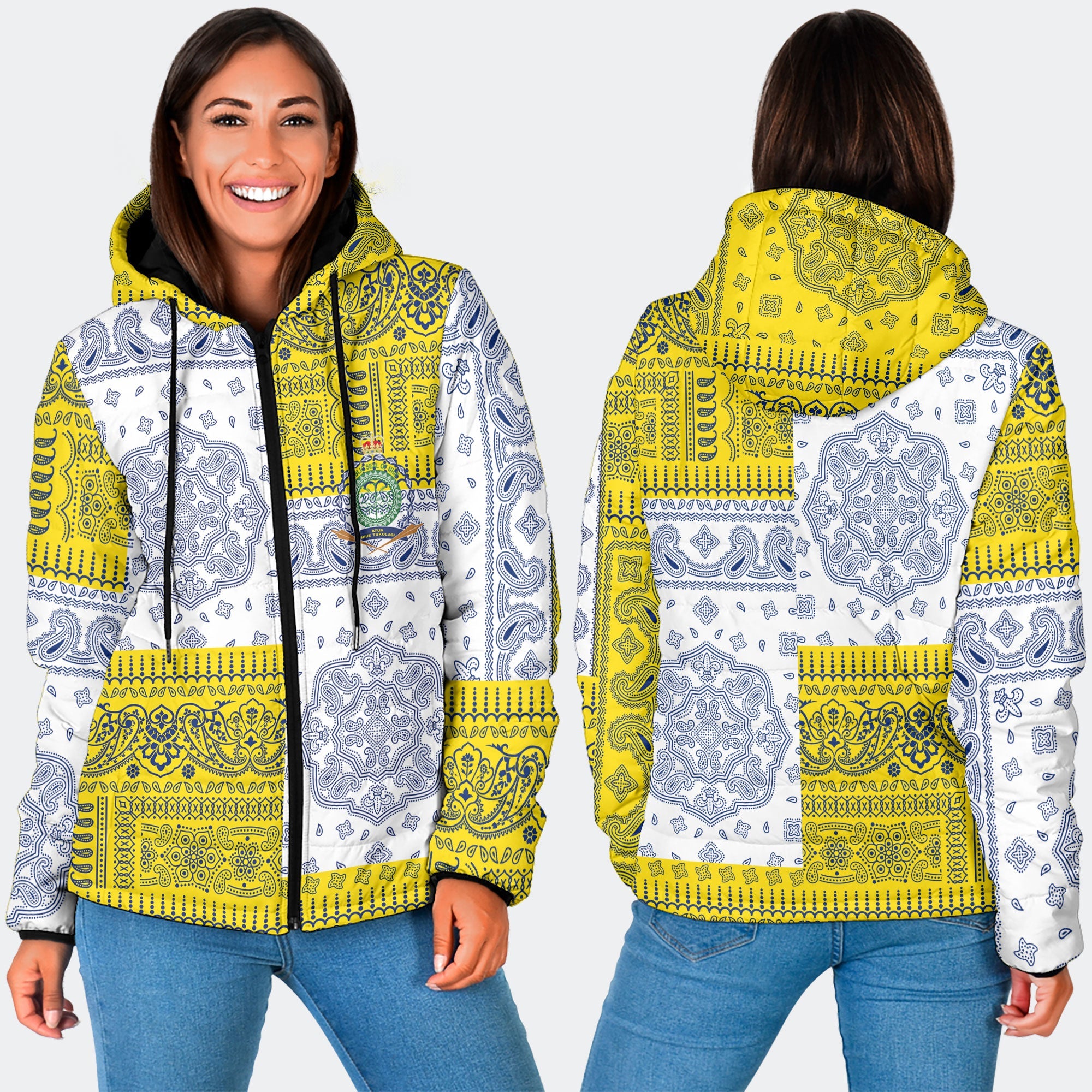 Niue Women Hooded Padded Jacket Flag And Paisley Basic Style 2