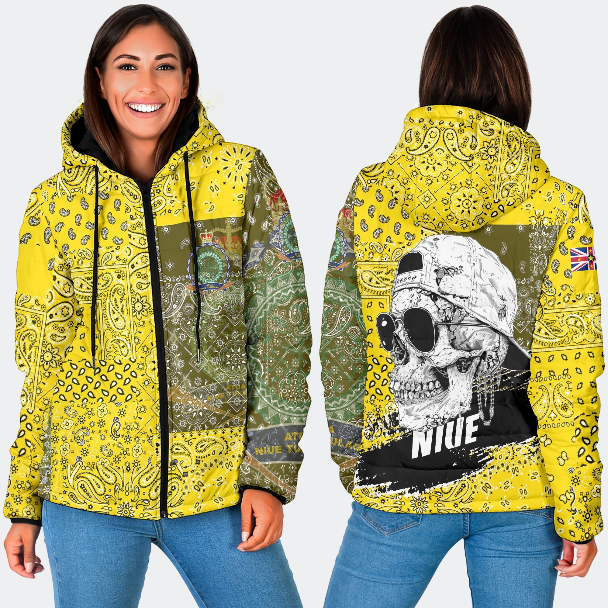 Niue Women Hooded Padded Jacket Paisley Flag And Skull Style 2