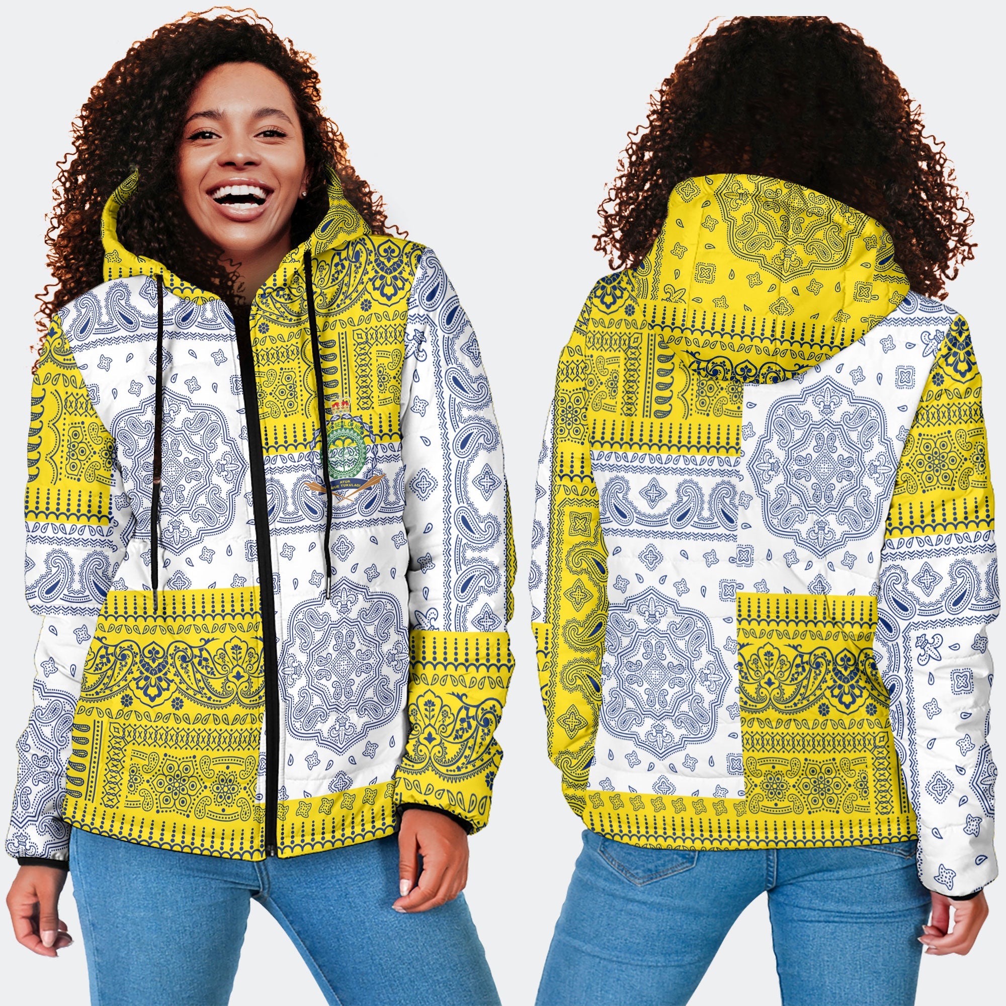 Niue Women Hooded Padded Jacket Flag And Paisley Basic Style 3