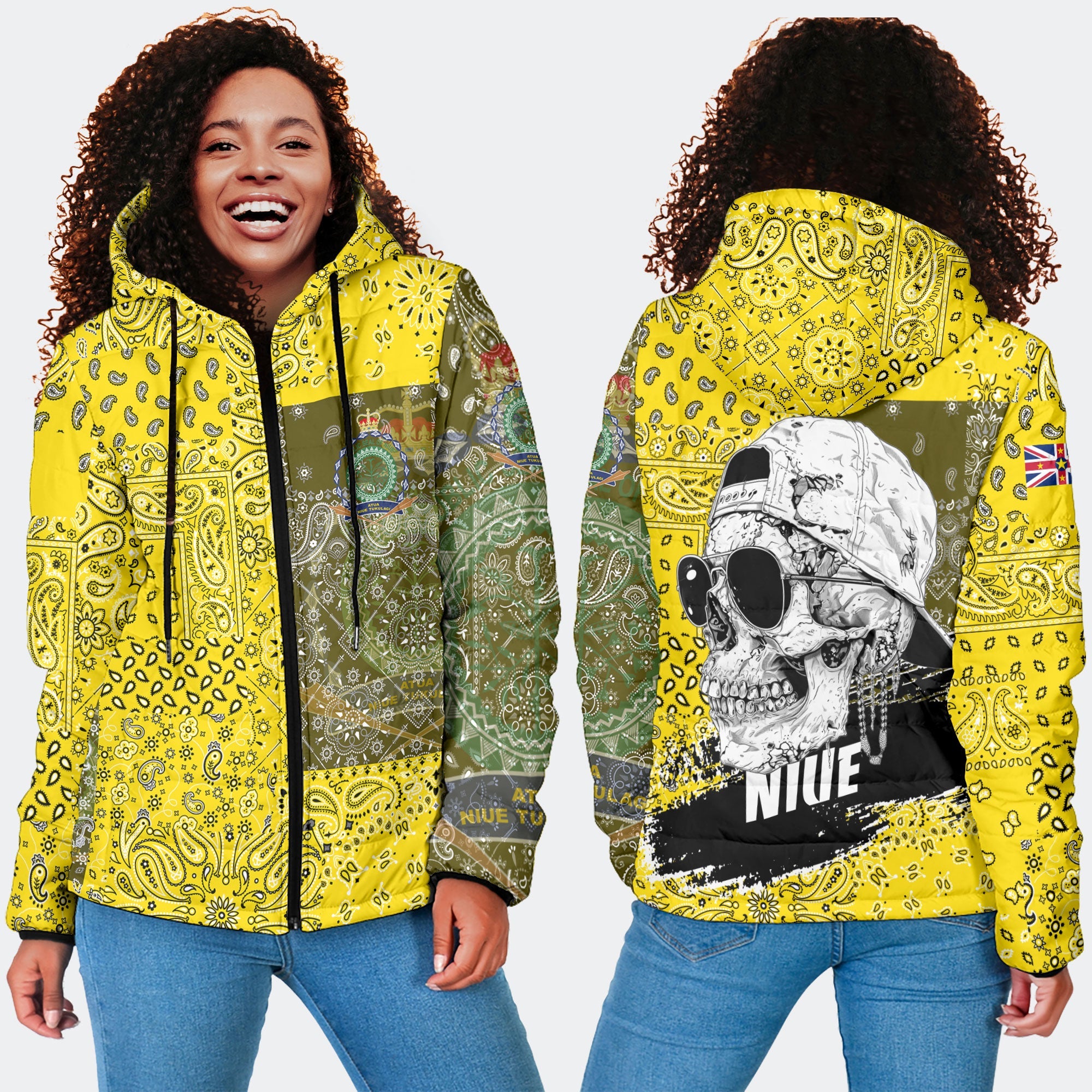 Niue Women Hooded Padded Jacket Paisley Flag And Skull Style 3