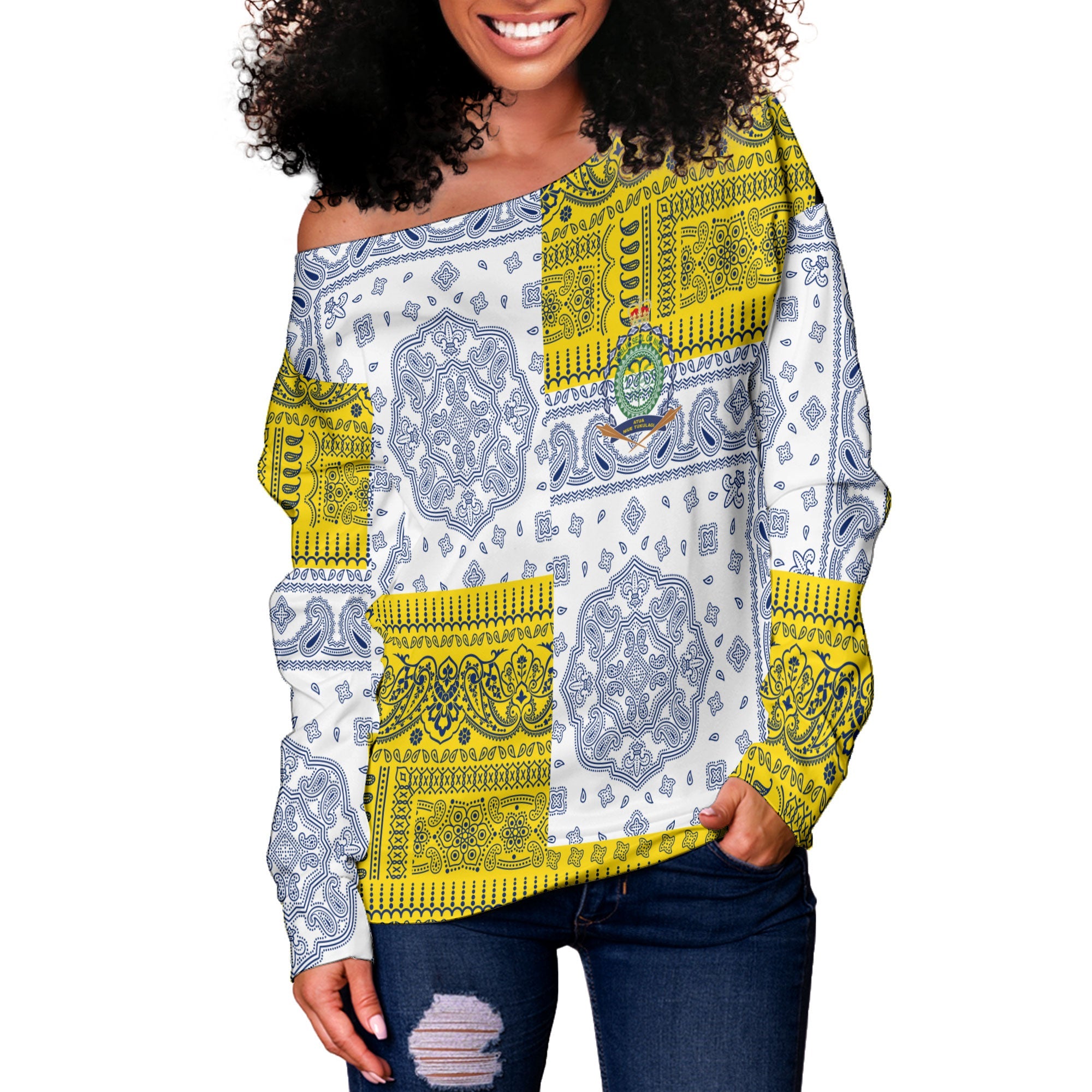 Niue Women Off Shoulder Sweatshirt Flag And Paisley Basic Style 3