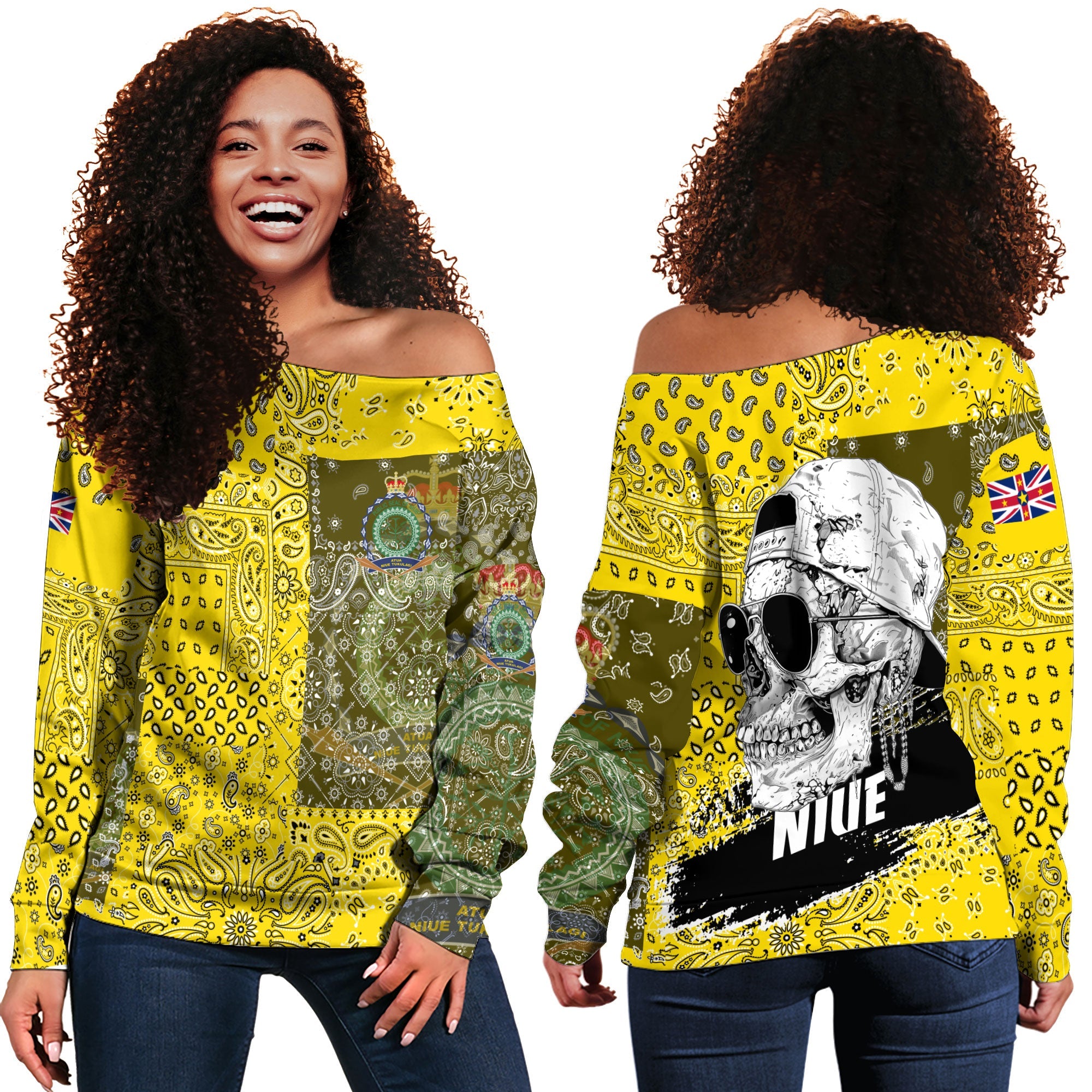 Niue Women Off Shoulder Sweatshirt Paisley Flag And Skull Style 1