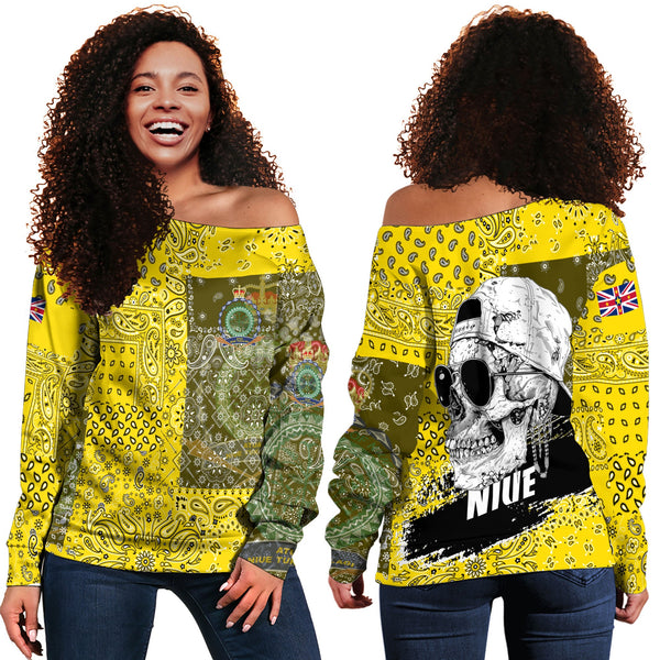 Niue Women Off Shoulder Sweatshirt Paisley Flag And Skull Style 1