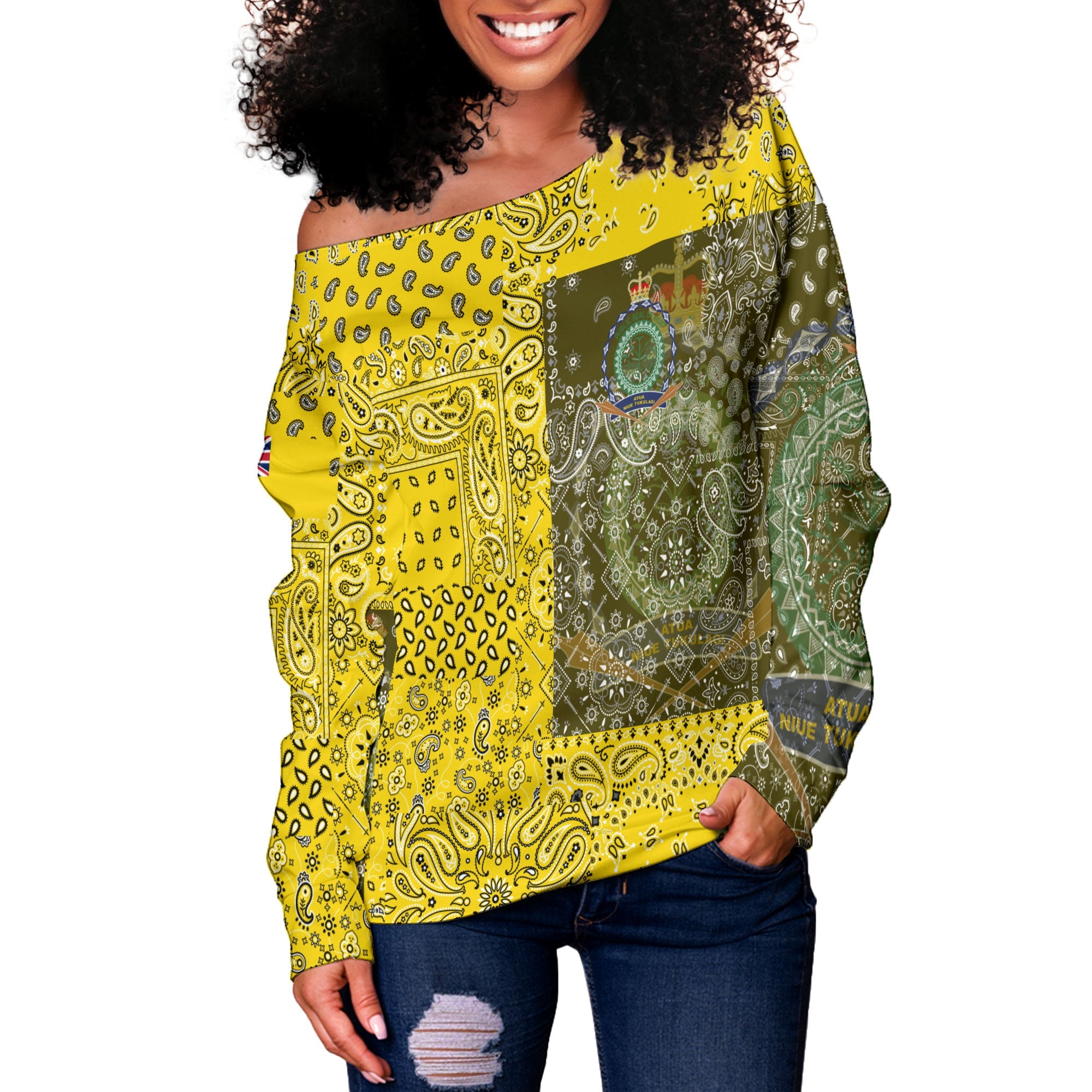 Niue Women Off Shoulder Sweatshirt Paisley Flag And Skull Style 3