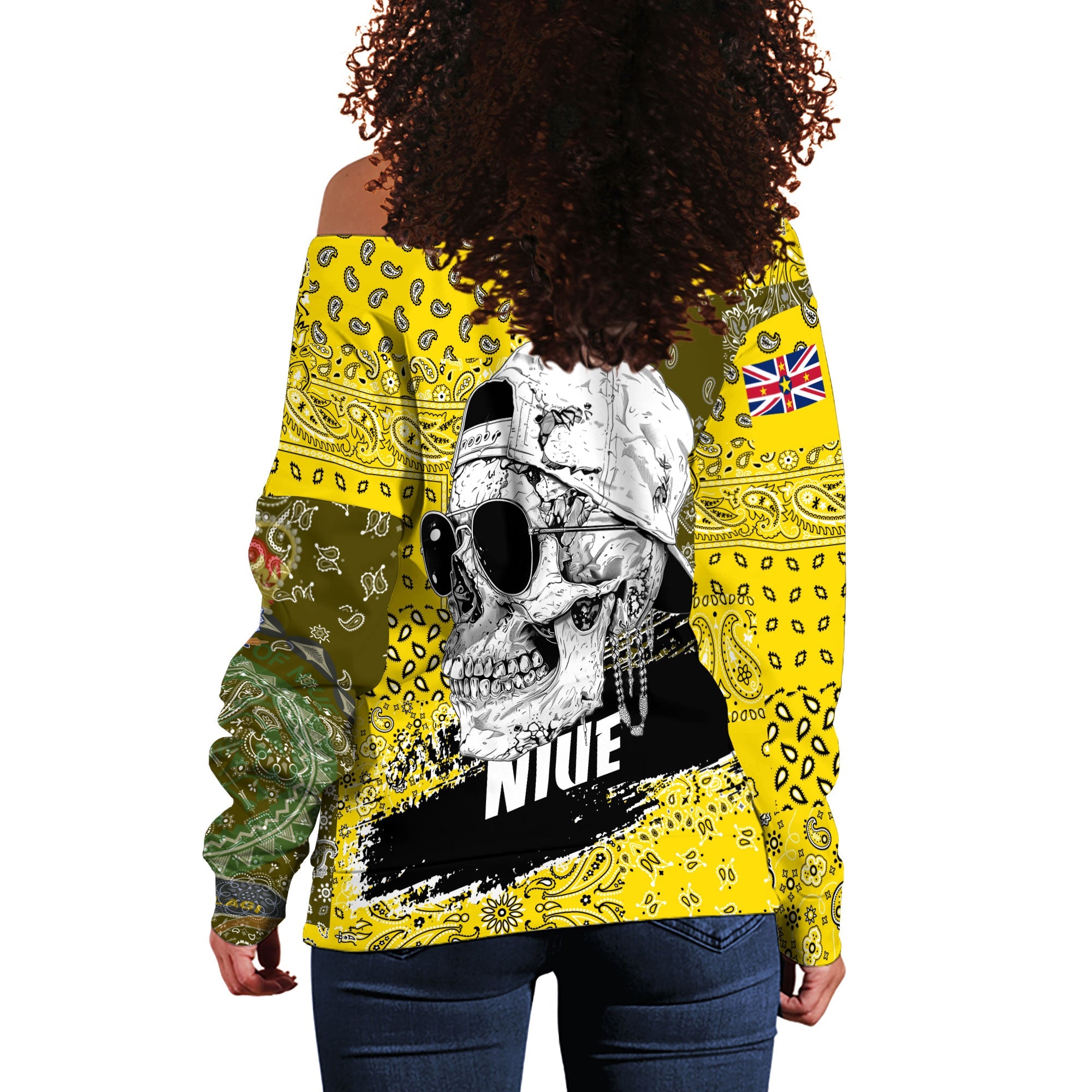 Niue Women Off Shoulder Sweatshirt Paisley Flag And Skull Style 4