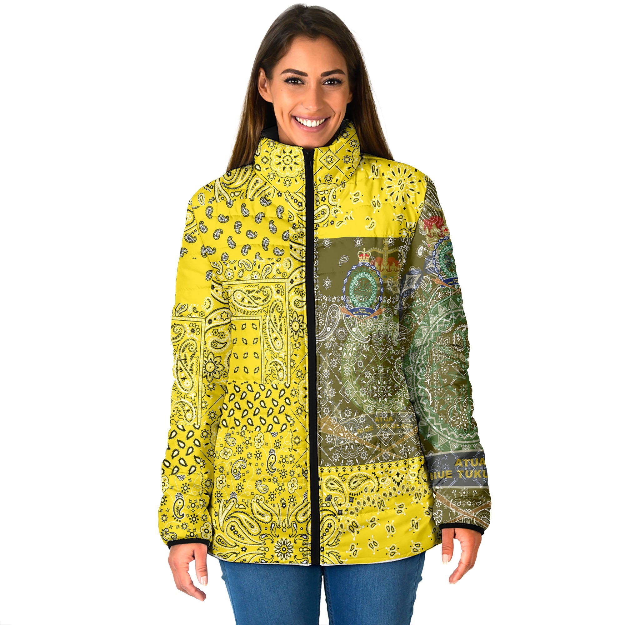 Niue Women Padded Jacket Paisley Flag And Skull Style 1