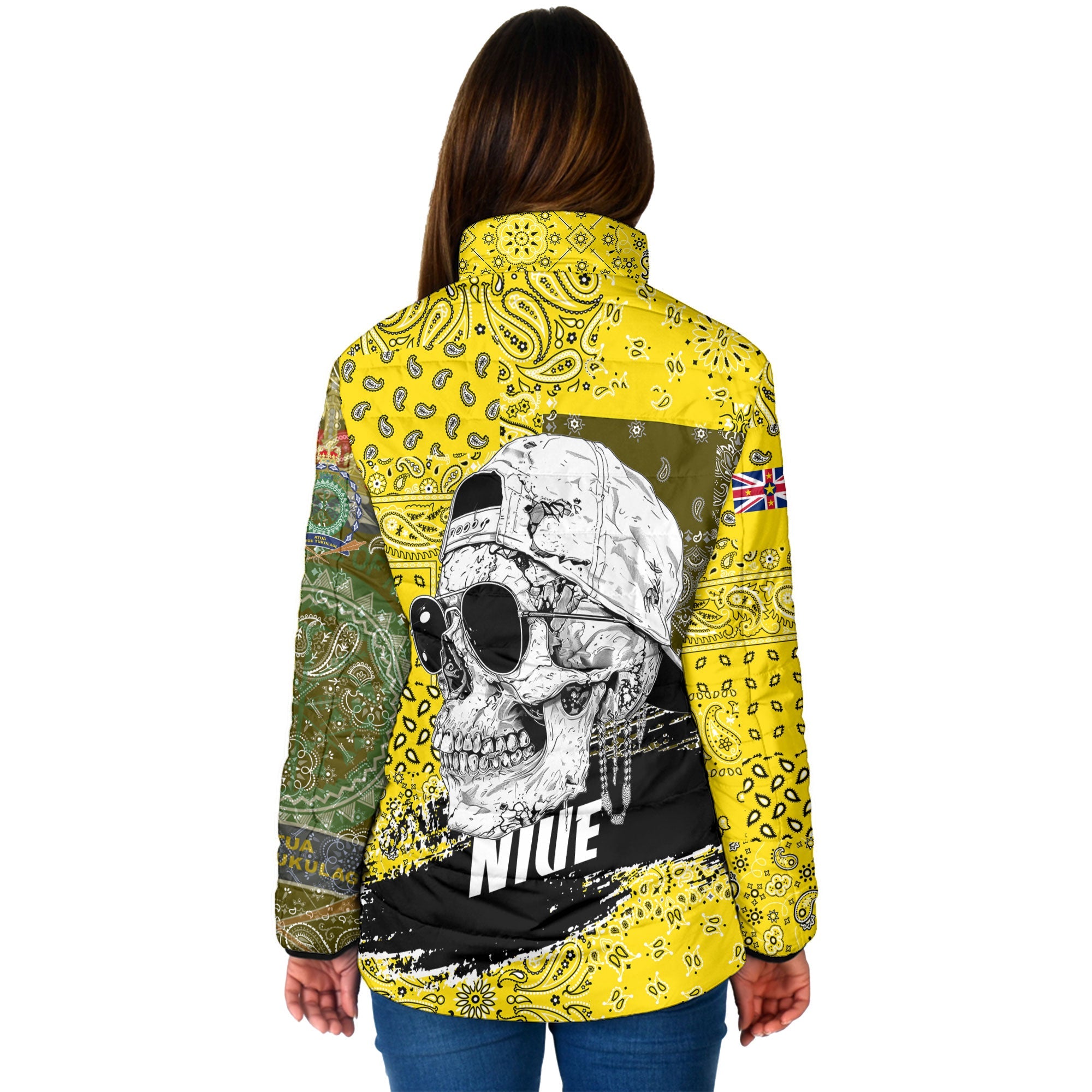 Niue Women Padded Jacket Paisley Flag And Skull Style 2