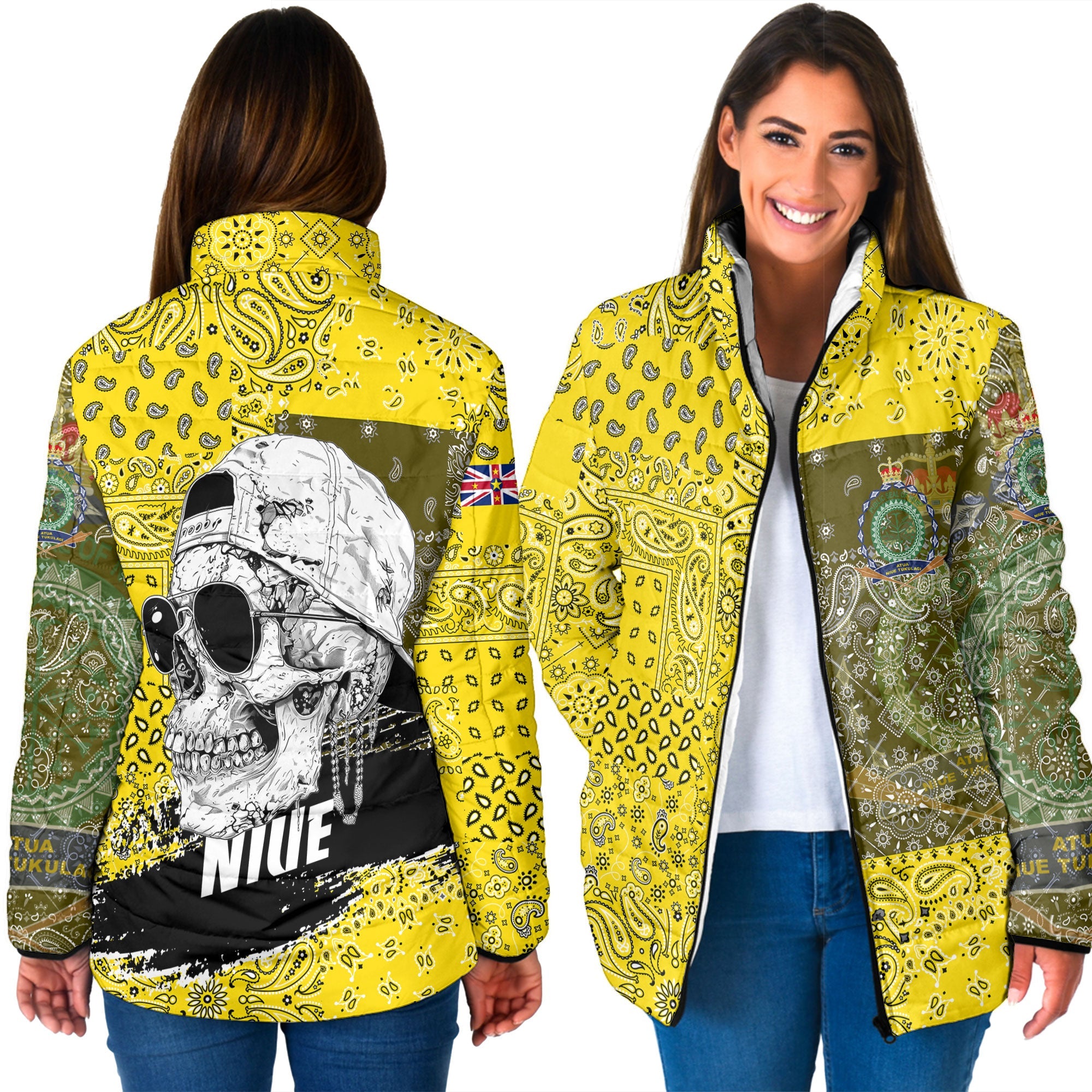 Niue Women Padded Jacket Paisley Flag And Skull Style 3