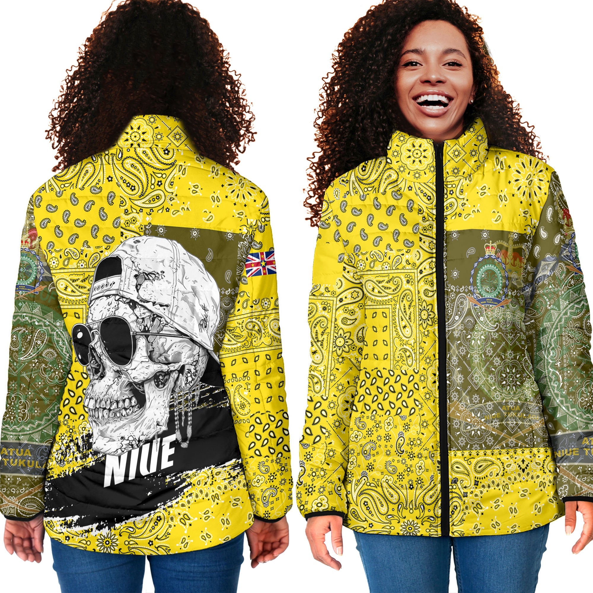 Niue Women Padded Jacket Paisley Flag And Skull Style 4