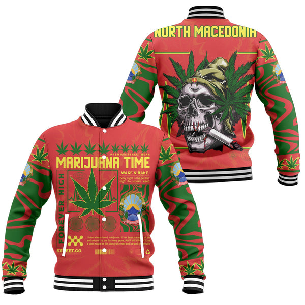 North Macedonia Baseball Jacket Flag & Coat Of Arms Marijuanas Style