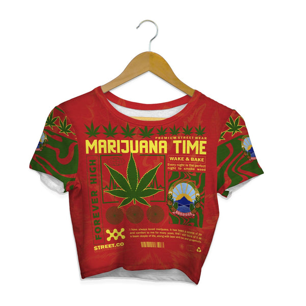 North Macedonia Crop Top T Shirt Flag & Coat Of Arms Marijuanas Style