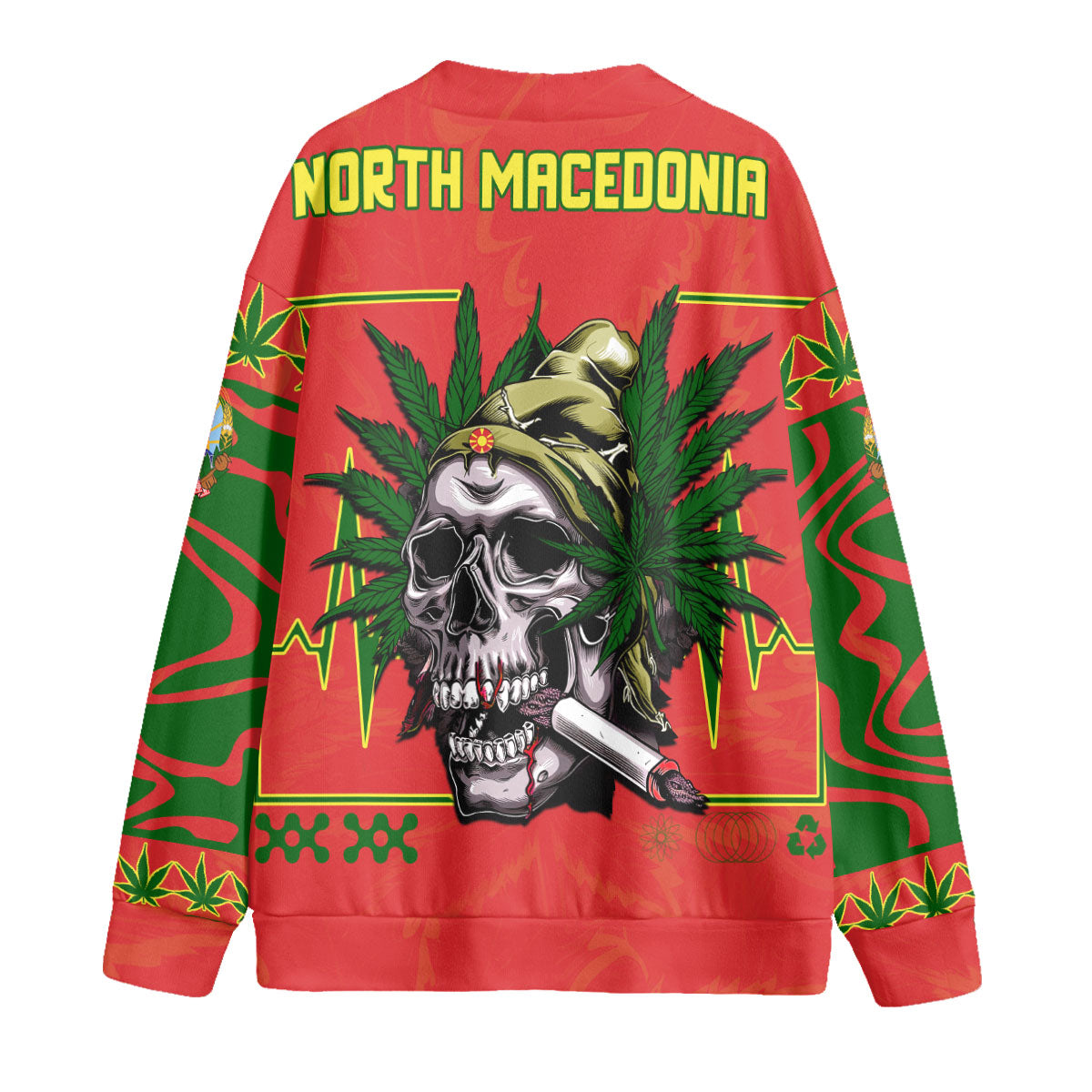 North Macedonia Fleece Cardigan Flag & Coat Of Arms Marijuanas Style