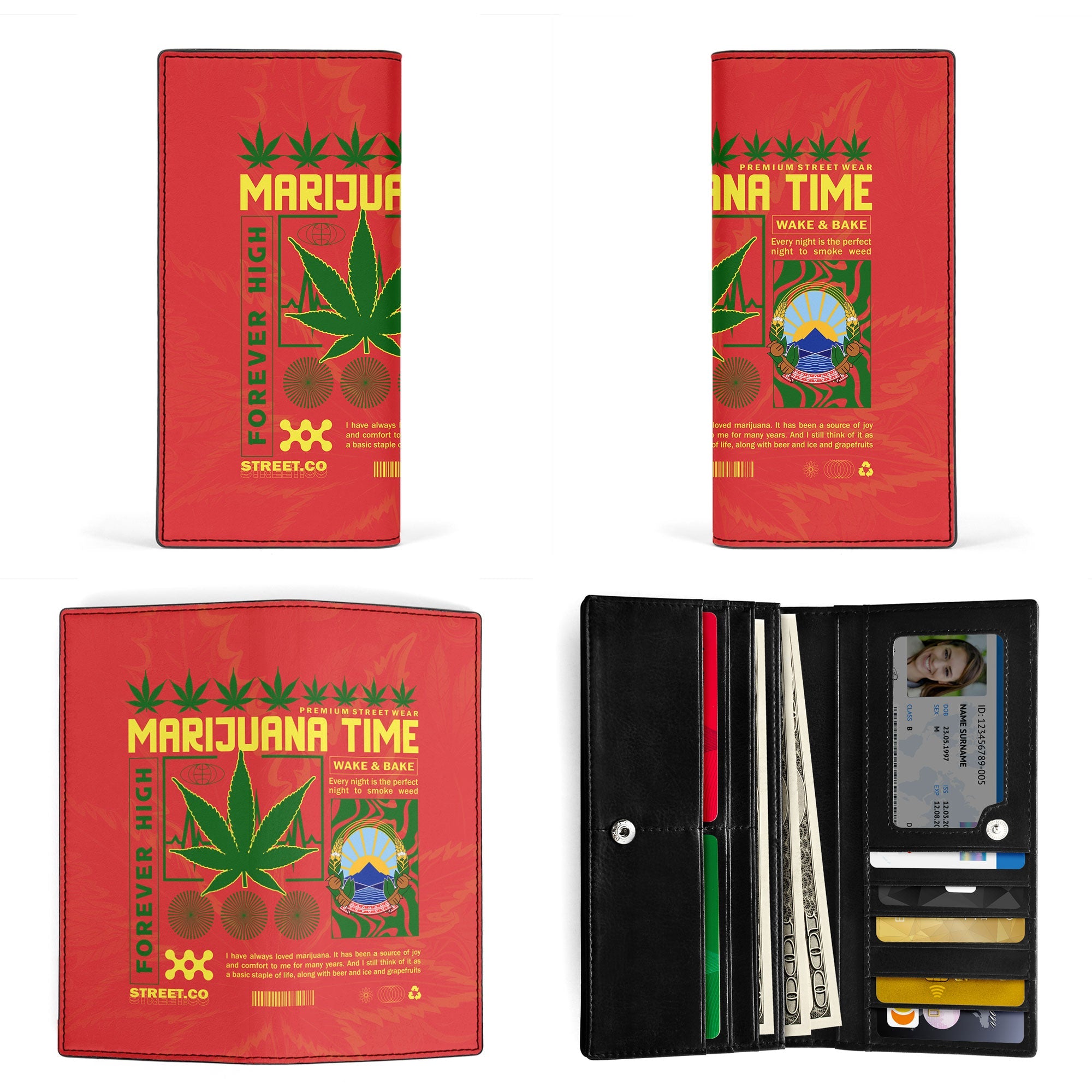 North Macedonia Leather Wallet Flag & Coat Of Arms Marijuanas Style