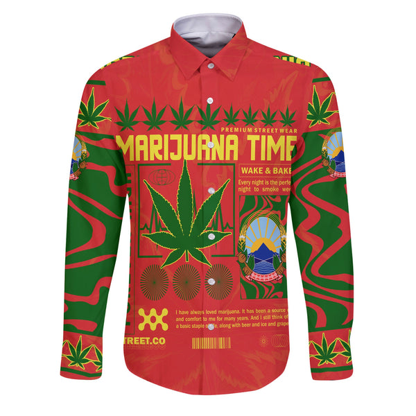 North Macedonia Long Sleeve Button Shirt Flag & Coat Of Arms Marijuanas Style